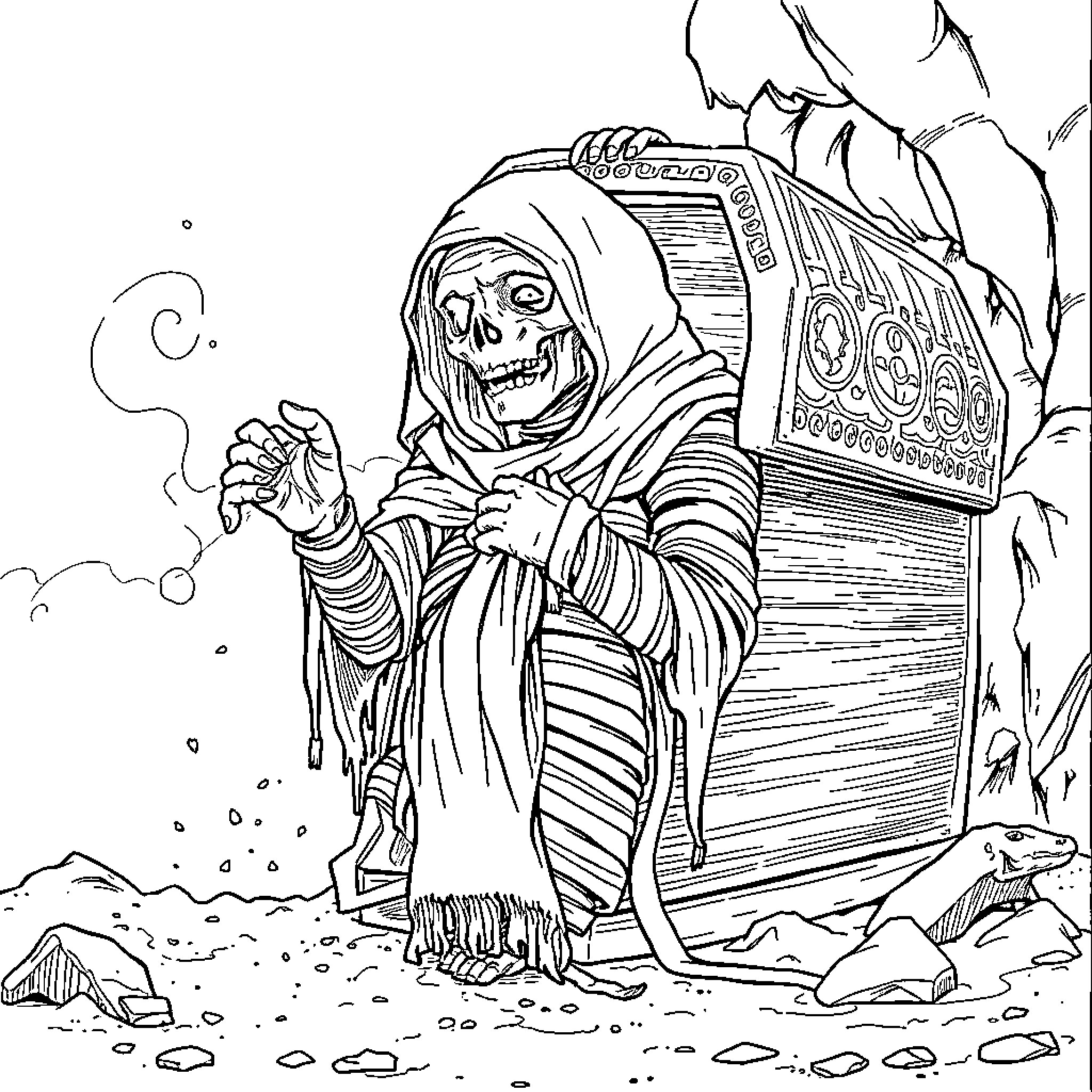Mummy Emerging from Ancient Tomb Coloring Page (free black-and-white line drawing printable PDF for all, from beginners to advanced learners, including children, teens, adults, and seniors)
