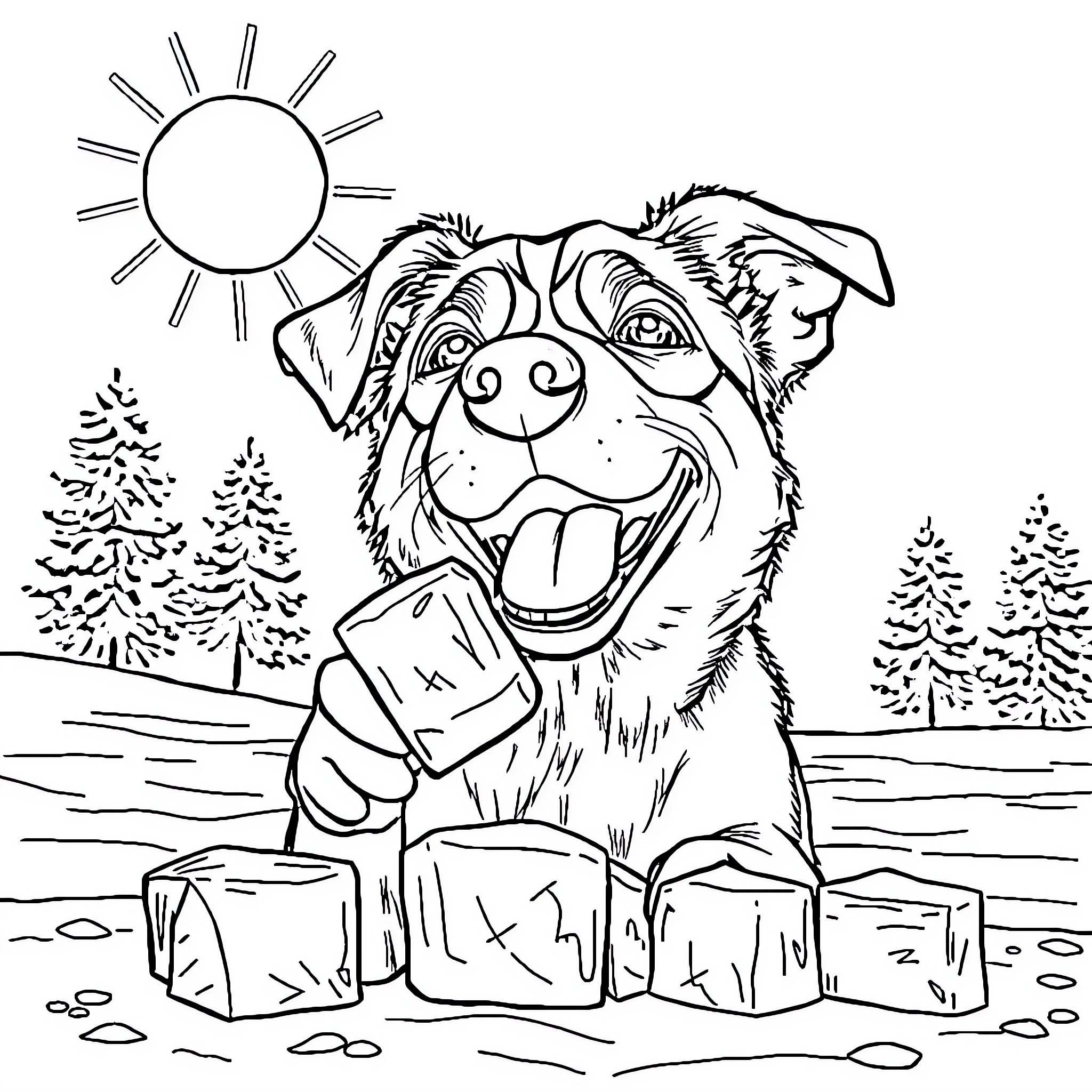 Dog playing in the snowy woods Coloring Page (free black-and-white line drawing printable PDF for all, from beginners to advanced learners, including children, teens, adults, and seniors)