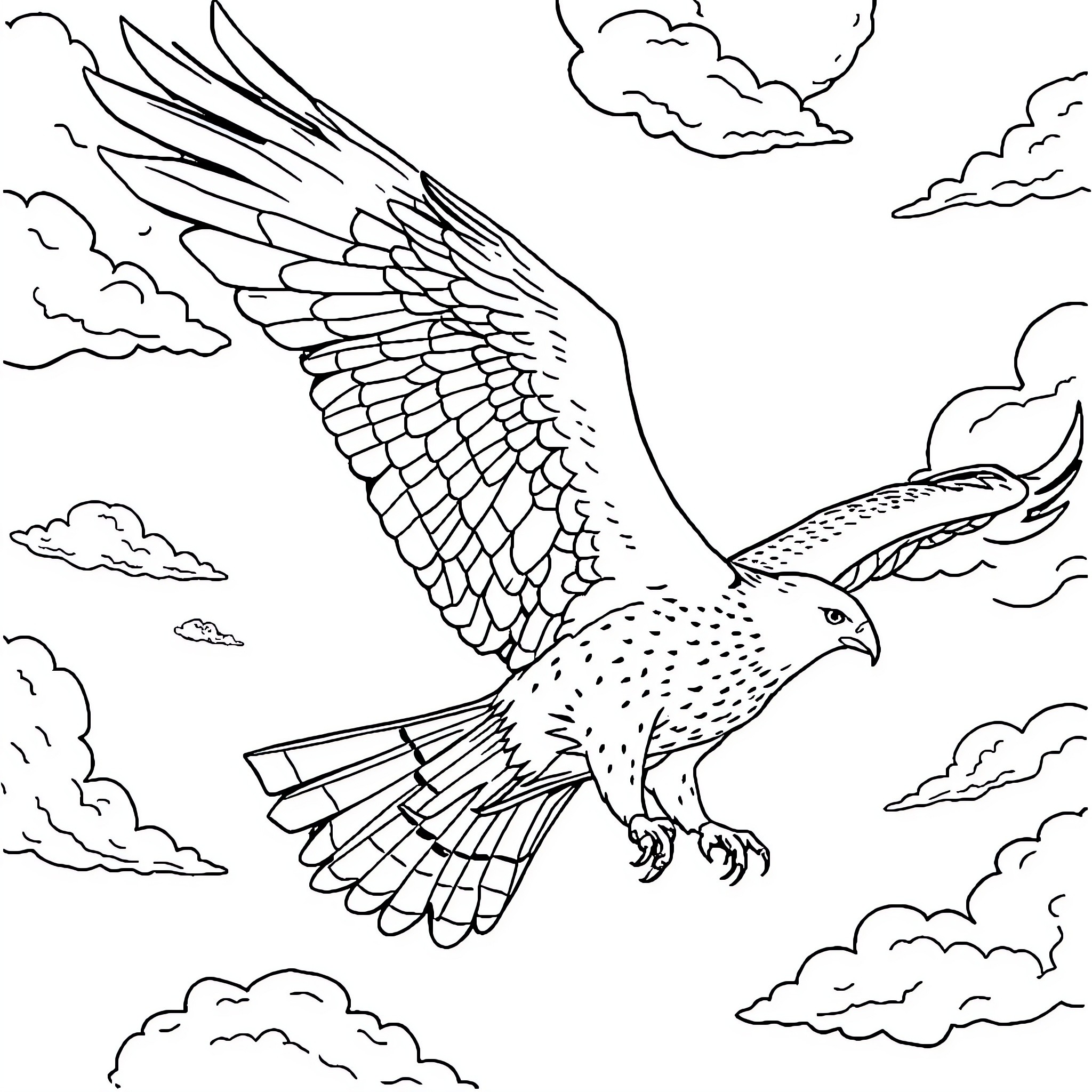 Hawk soaring majestically in the cloudy sky Coloring Page (free black-and-white line drawing printable PDF for all, from beginners to advanced learners, including children, teens, adults, and seniors)