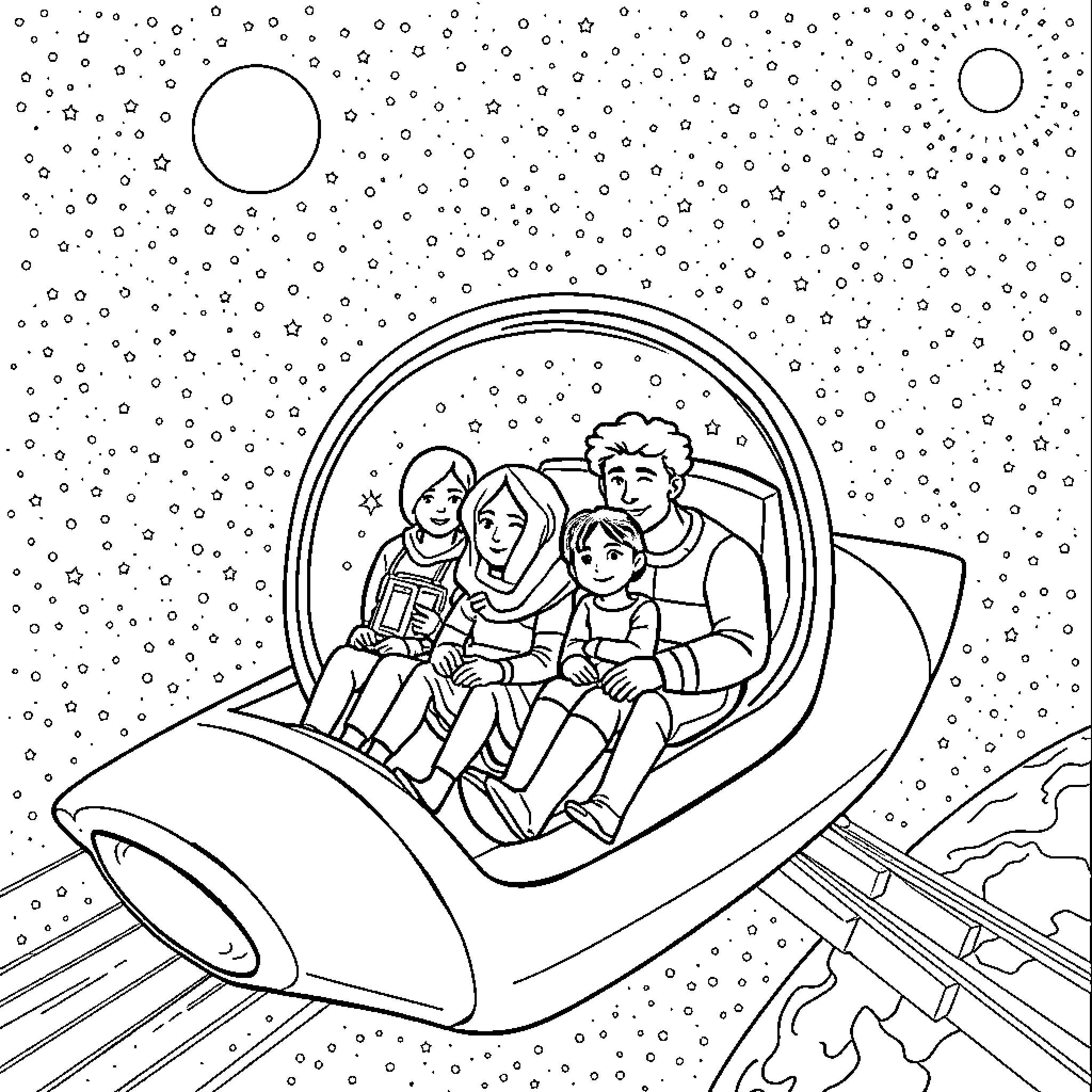 Family on a Cosmic Adventure Coloring Page (free black-and-white line drawing printable PDF for all, from beginners to advanced learners, including children, teens, adults, and seniors)