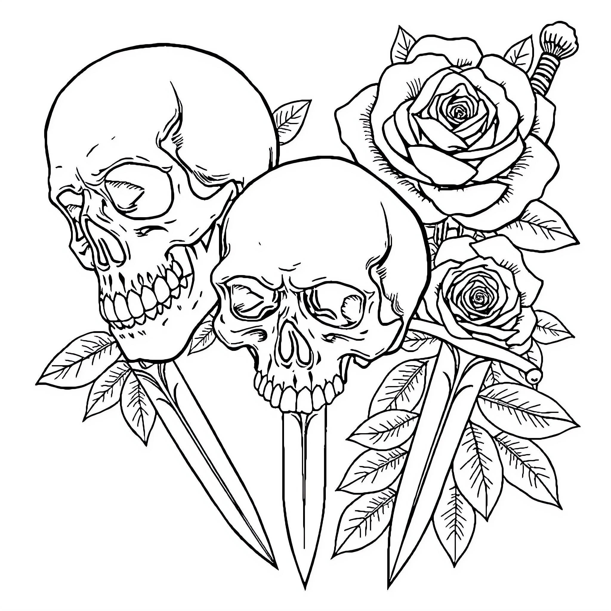 Skull with Roses and Daggers Coloring Page (free black-and-white line drawing printable PDF for all, from beginners to advanced learners, including children, teens, adults, and seniors)