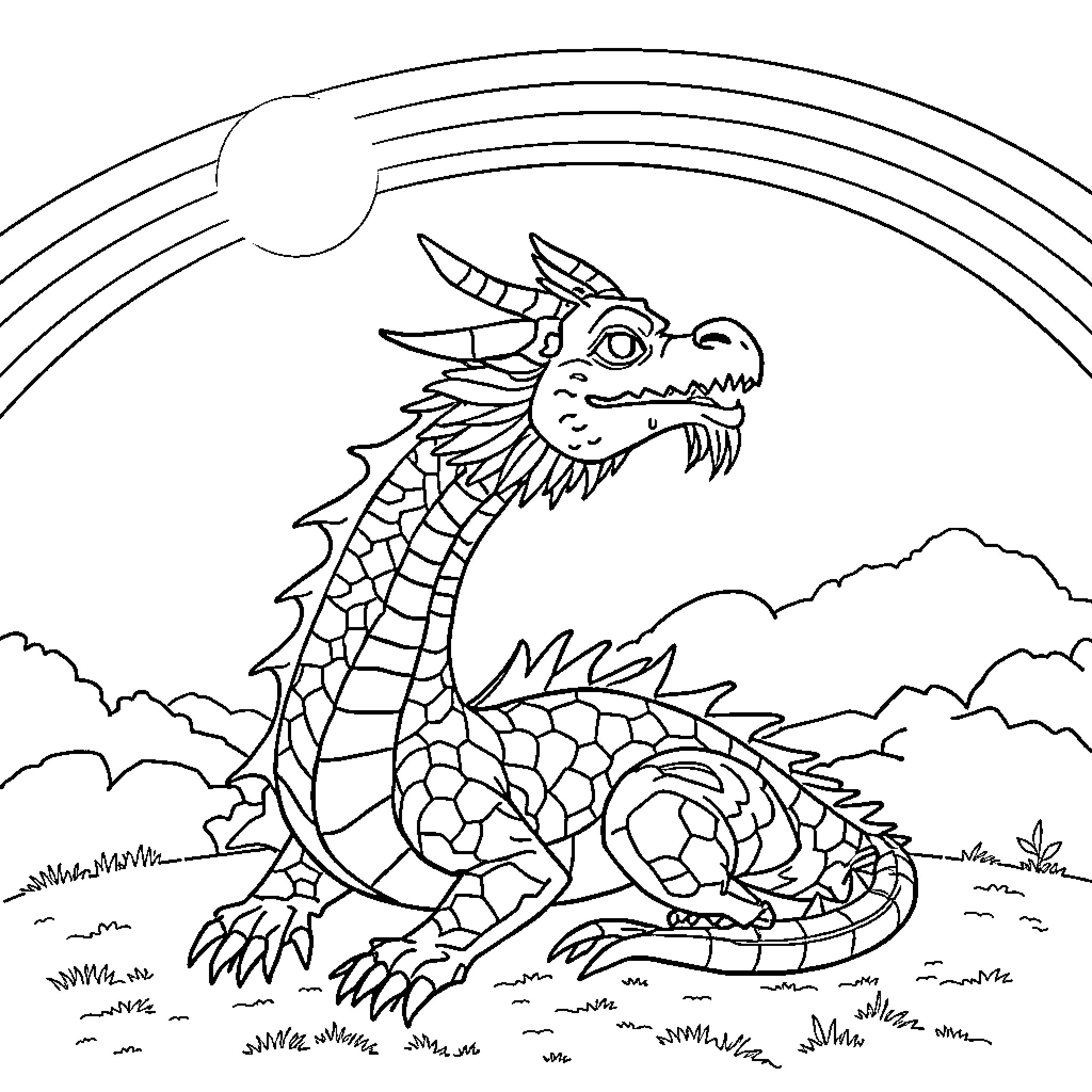 Dragon resting in a fantasy landscape Coloring Page (free black-and-white line drawing printable PDF for all, from beginners to advanced learners, including children, teens, adults, and seniors)