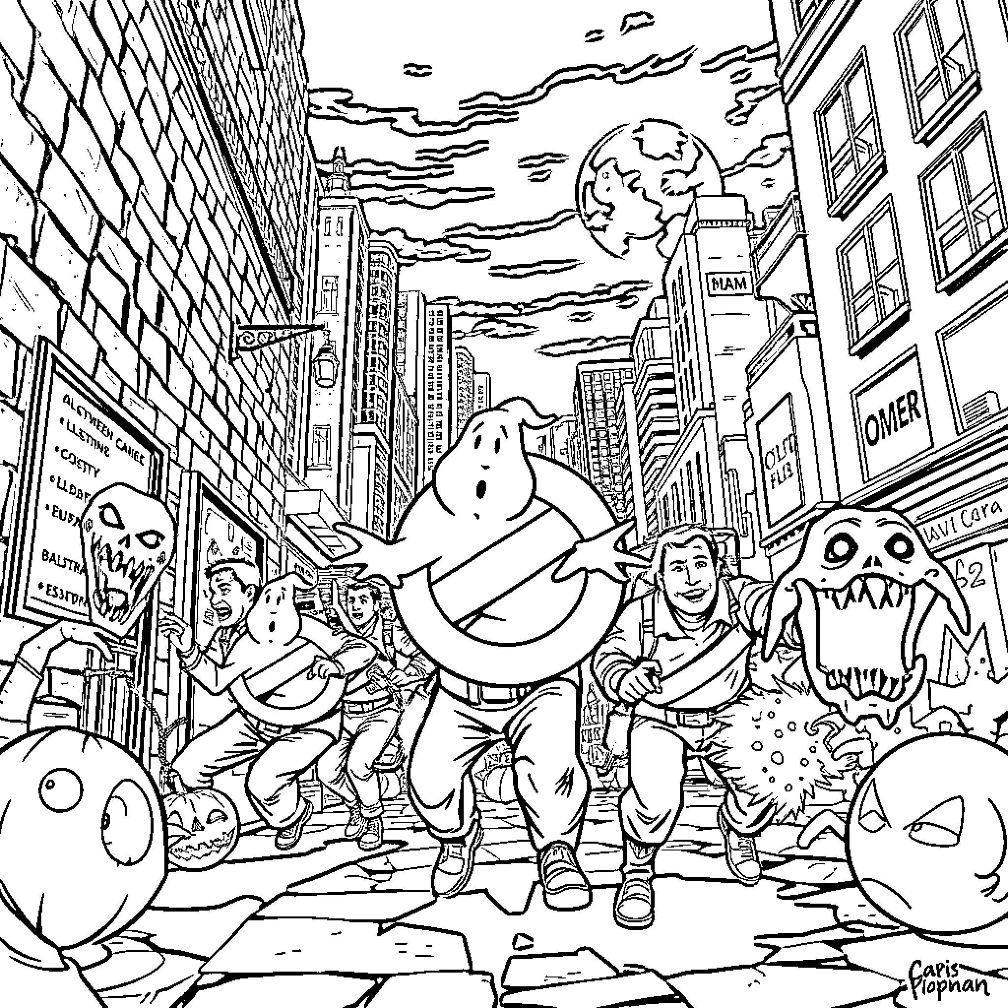 Ghostbusters in Action: Supernatural Confrontation in the City Coloring Page (free black-and-white line drawing printable PDF for all, from beginners to advanced learners, including children, teens, adults, and seniors)