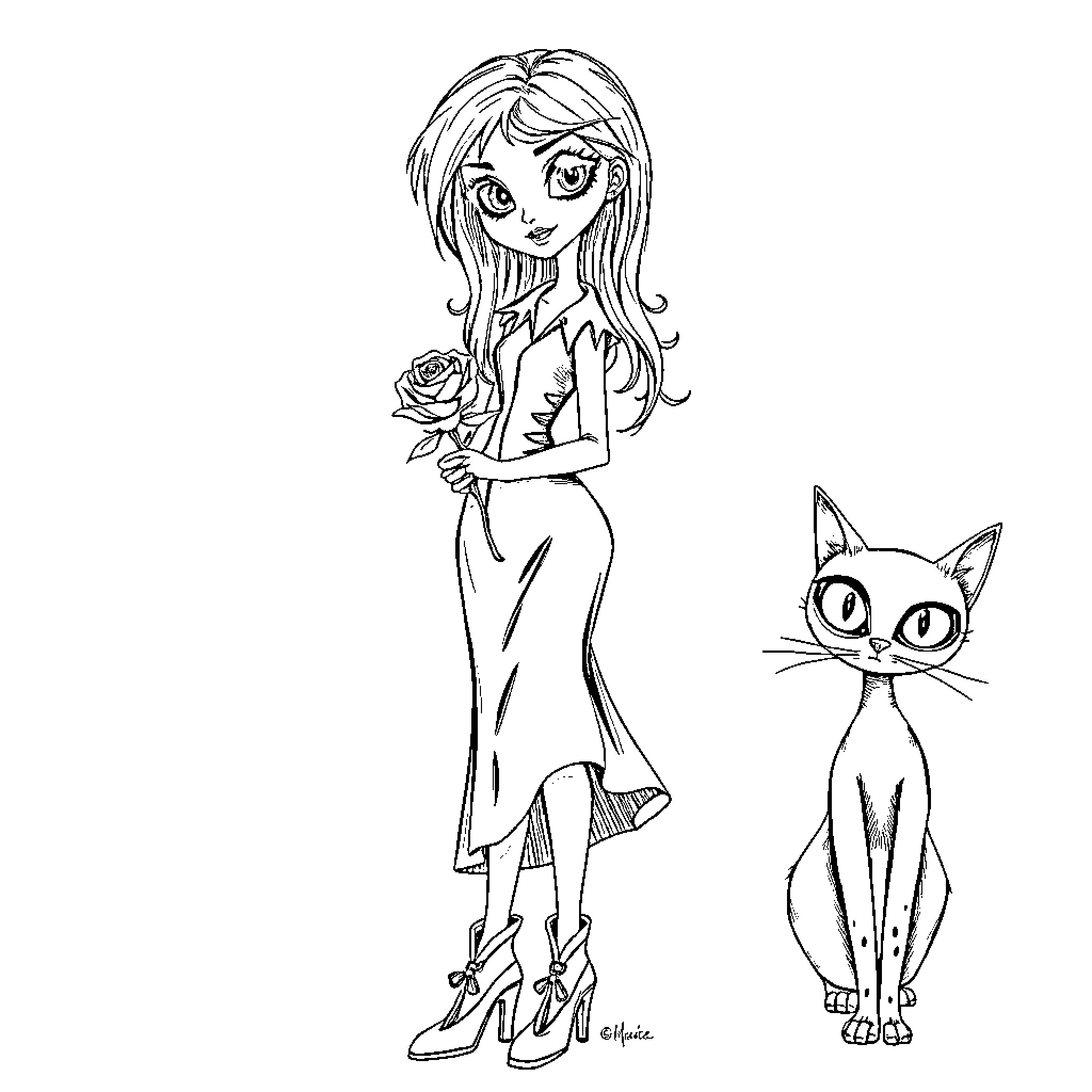 Chica and her Feline Friend Coloring Page (free black-and-white line drawing printable PDF for all, from beginners to advanced learners, including children, teens, adults, and seniors)