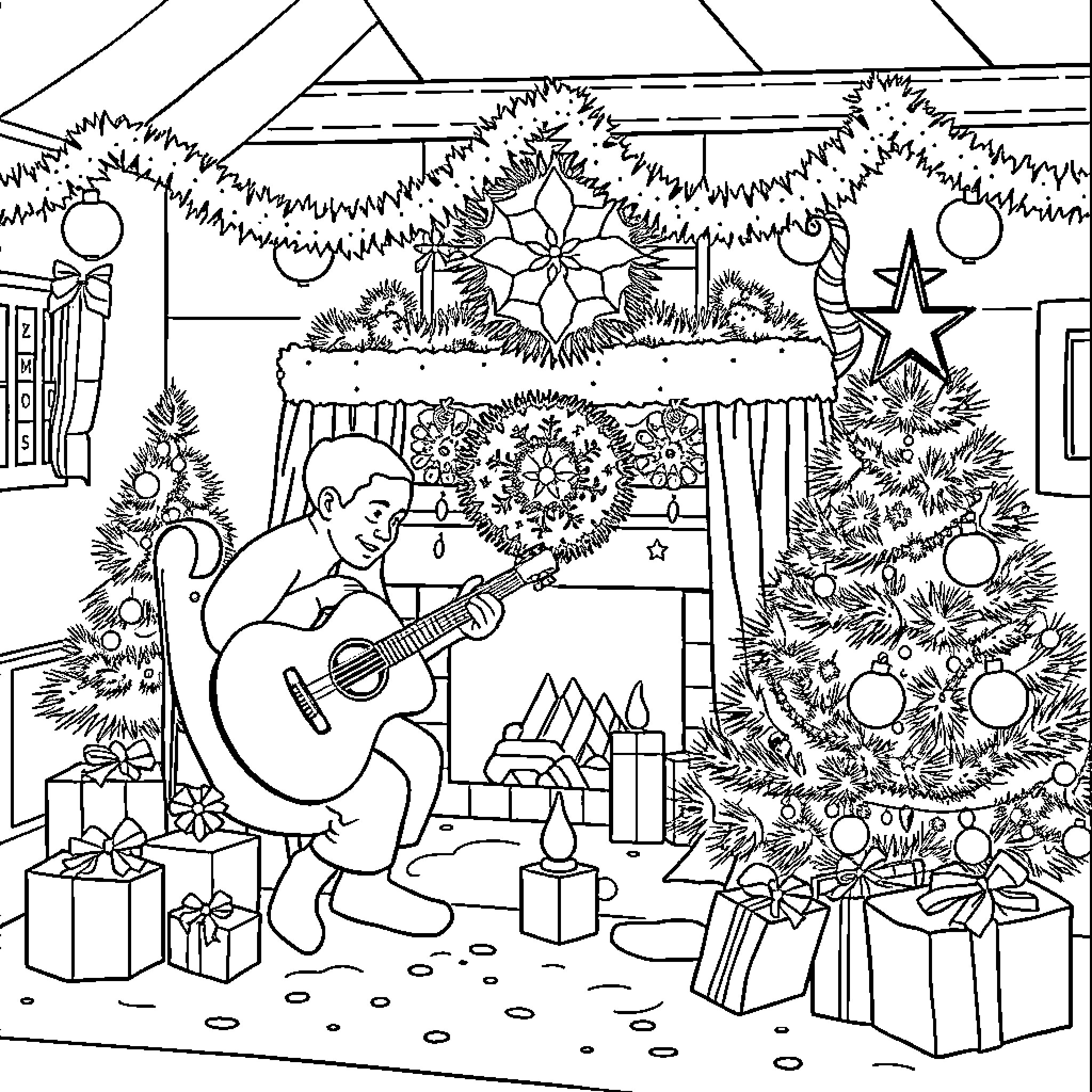 Christmas Scene with Musical Performance Coloring Page (free black-and-white line drawing printable PDF for all, from beginners to advanced learners, including children, teens, adults, and seniors)