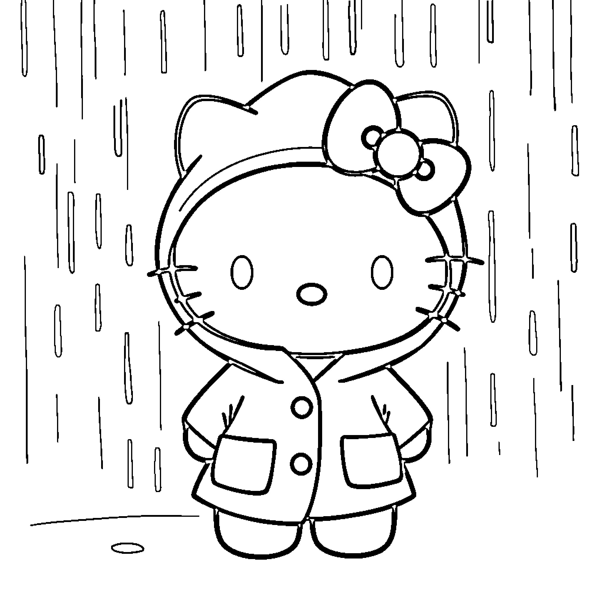 Hello Kitty walking in the rain Coloring Page (free black-and-white line drawing printable PDF for all, from beginners to advanced learners, including children, teens, adults, and seniors)