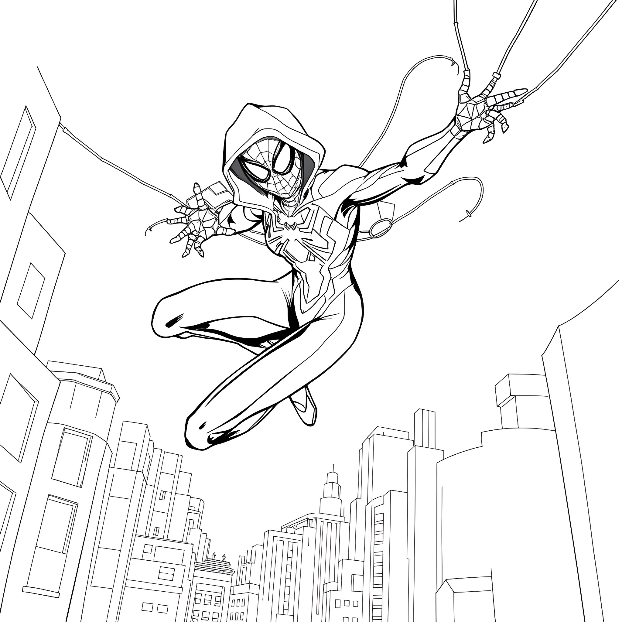 Spiderwoman swinging through the city Coloring Page (free black-and-white line drawing printable PDF for all, from beginners to advanced learners, including children, teens, adults, and seniors)