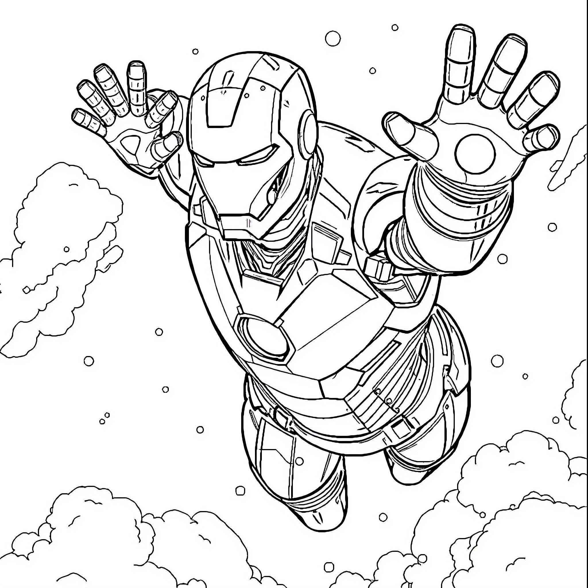 Iron Man soaring in the sky with powerful gestures Coloring Page (free black-and-white line drawing printable PDF for all, from beginners to advanced learners, including children, teens, adults, and seniors)