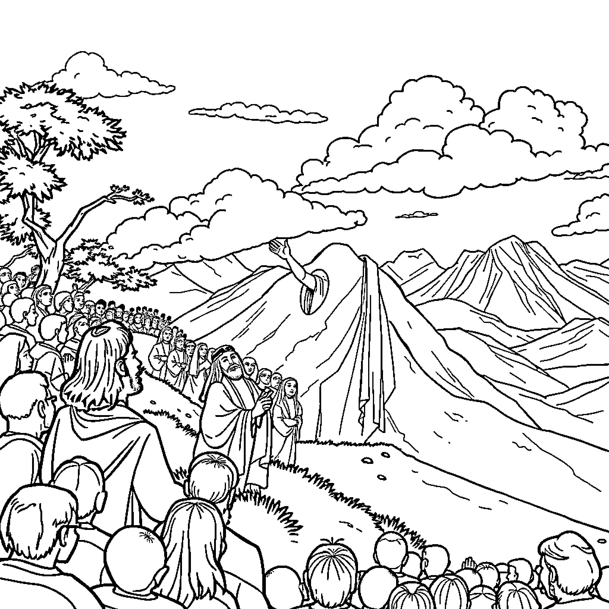Jesus preaching to the crowd in the mountain landscape Coloring Page (free black-and-white line drawing printable PDF for all, from beginners to advanced learners, including children, teens, adults, and seniors)