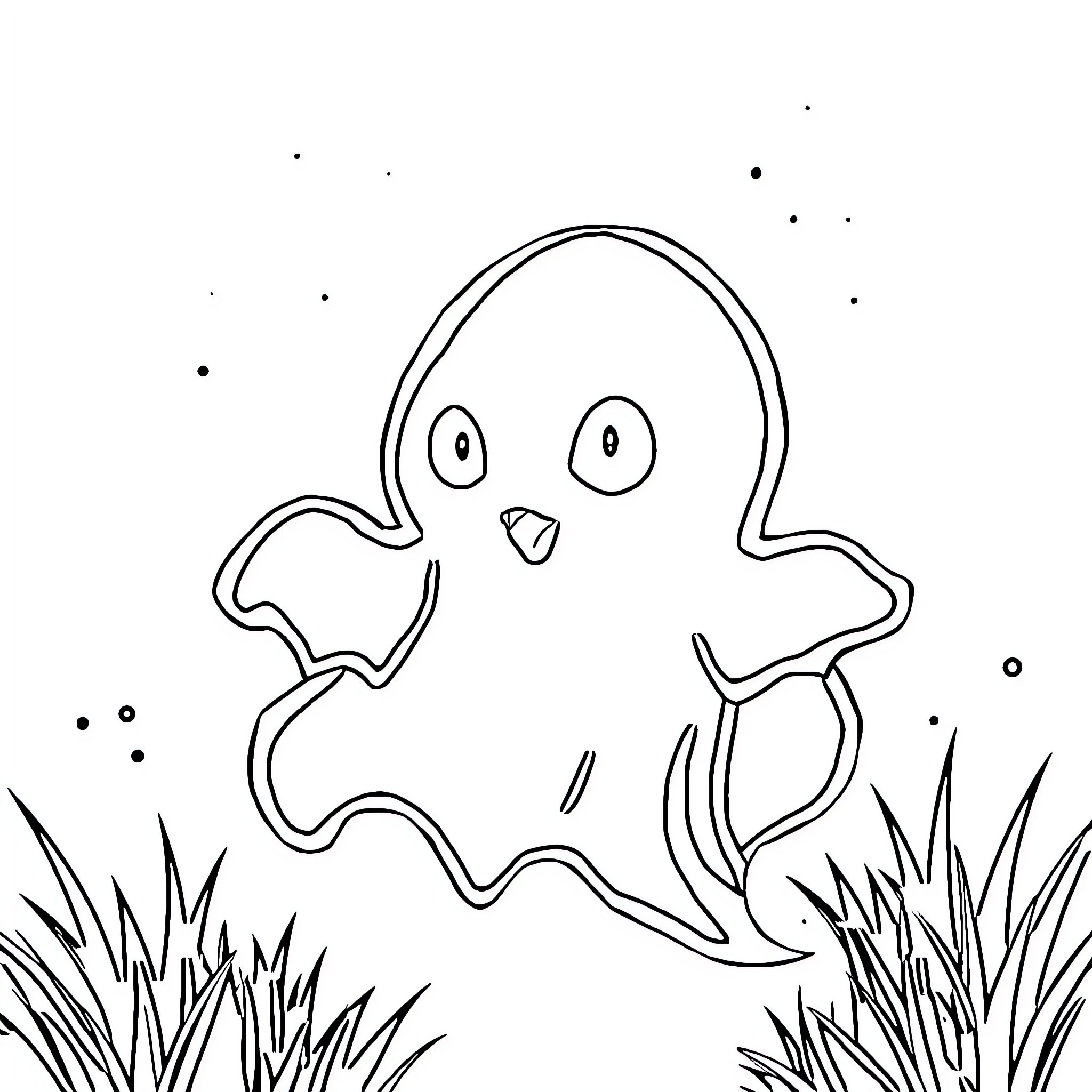 Ghost Pokemon floating in a spooky scene Coloring Page (free black-and-white line drawing printable PDF for all, from beginners to advanced learners, including children, teens, adults, and seniors)