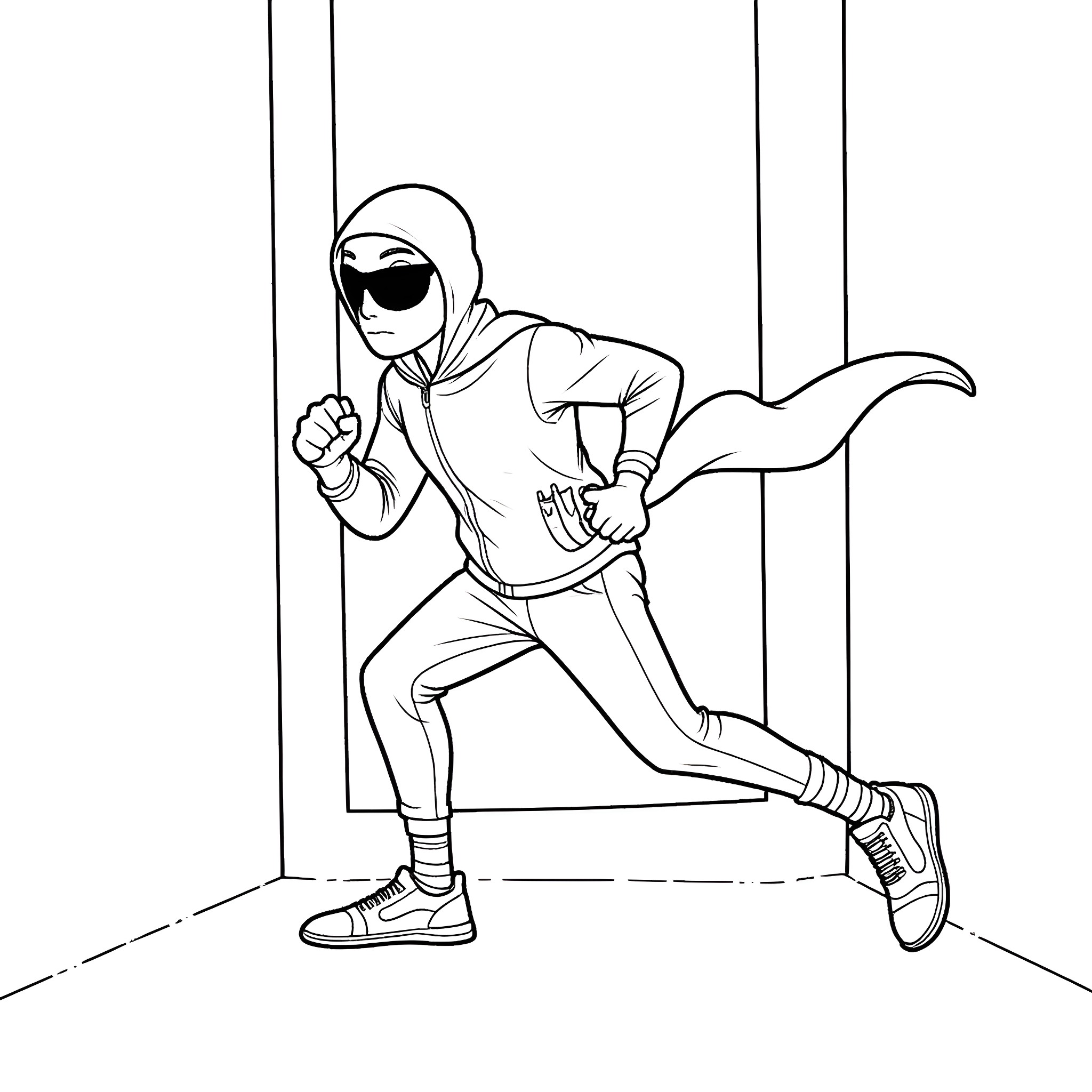 Najib the Ninja in Action Coloring Page (free black-and-white line drawing printable PDF for all, from beginners to advanced learners, including children, teens, adults, and seniors)