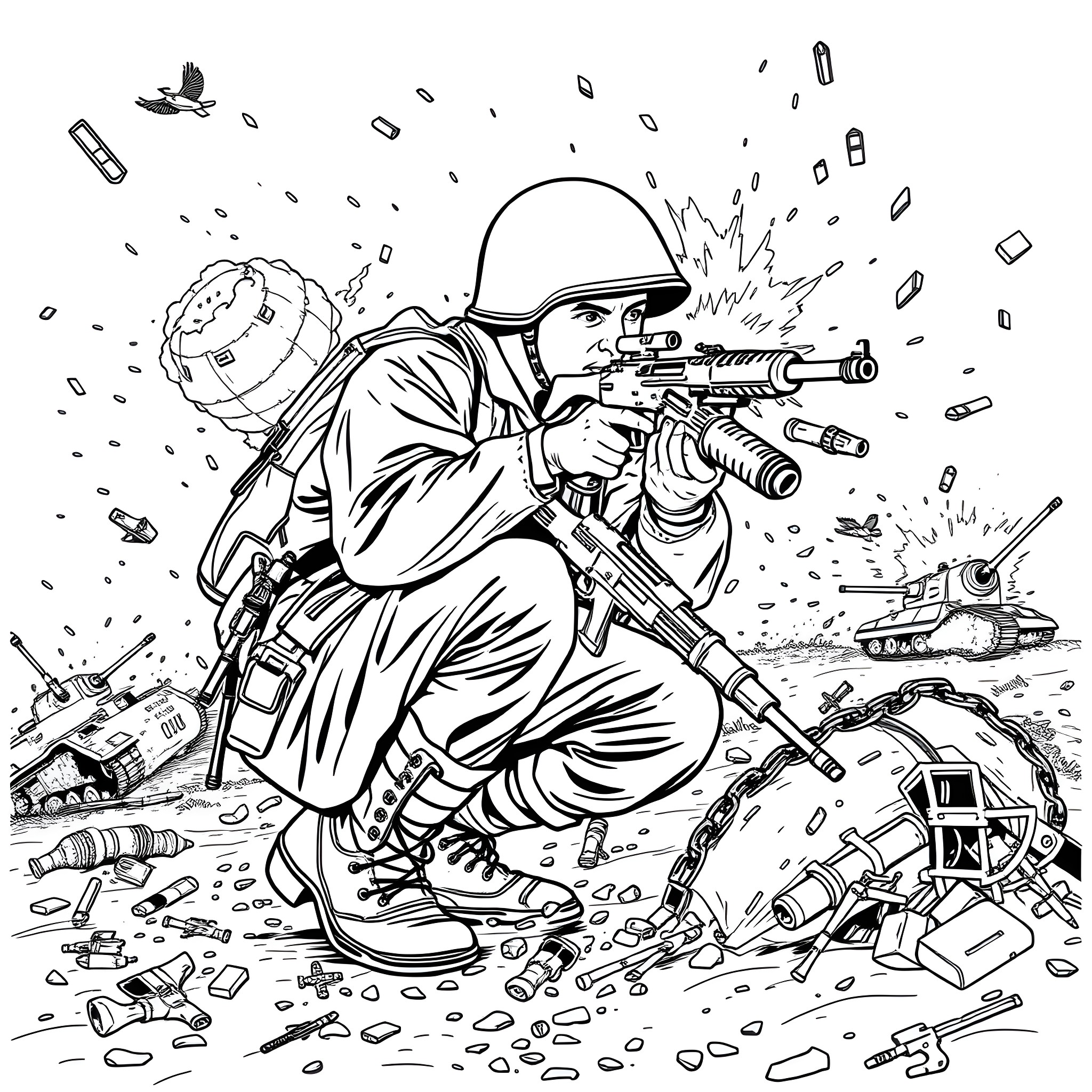 Soldier in combat with weaponry and military equipment Coloring Page (free black-and-white line drawing printable PDF for all, from beginners to advanced learners, including children, teens, adults, and seniors)