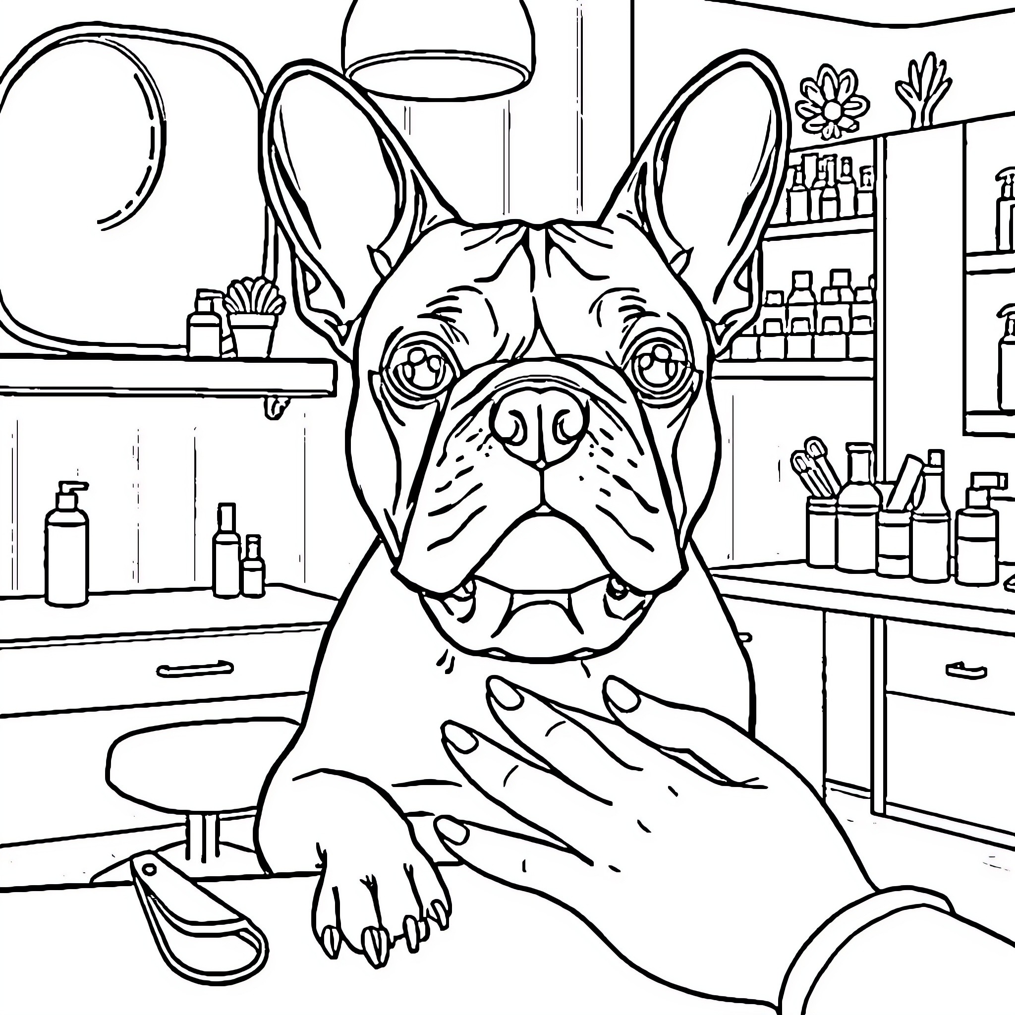 French Bulldog exploring veterinary clinic Coloring Page (free black-and-white line drawing printable PDF for all, from beginners to advanced learners, including children, teens, adults, and seniors)