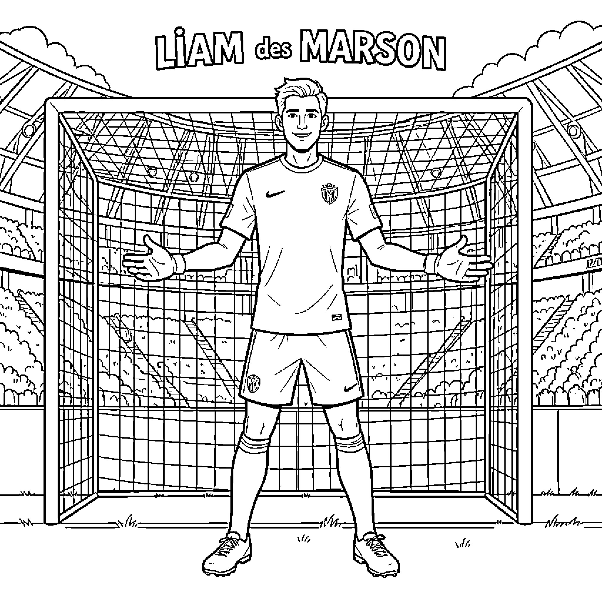 Liam Marson standing in front of a soccer goal Coloring Page (free black-and-white line drawing printable PDF for all, from beginners to advanced learners, including children, teens, adults, and seniors)