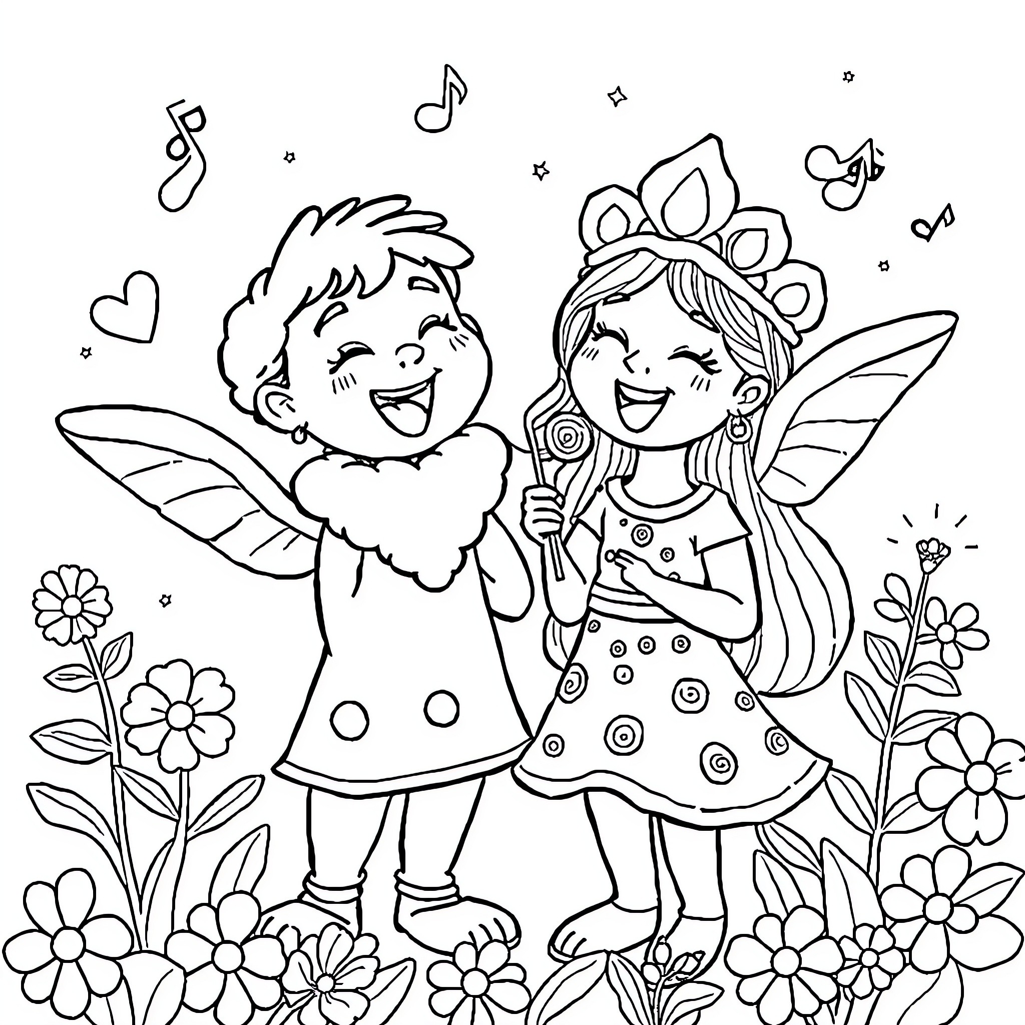 Tralalero Fairy Friends in Flower Garden Coloring Page (free black-and-white line drawing printable PDF for all, from beginners to advanced learners, including children, teens, adults, and seniors)