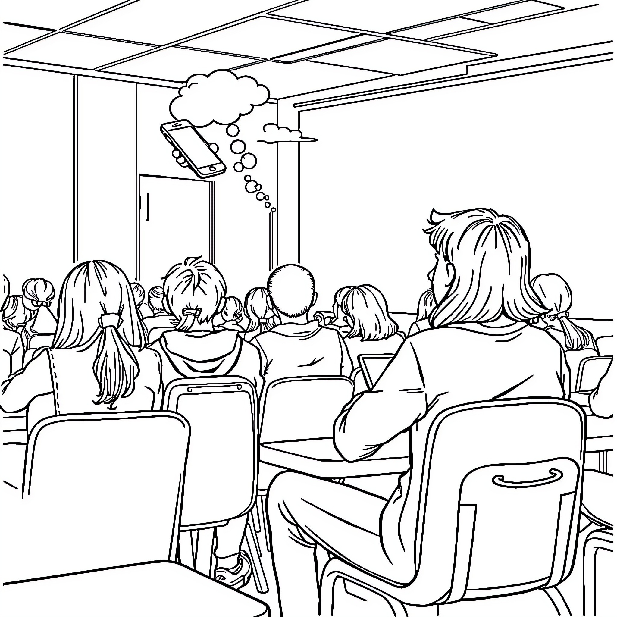 Students attending a presentation in the classroom Coloring Page (free black-and-white line drawing printable PDF for all, from beginners to advanced learners, including children, teens, adults, and seniors)
