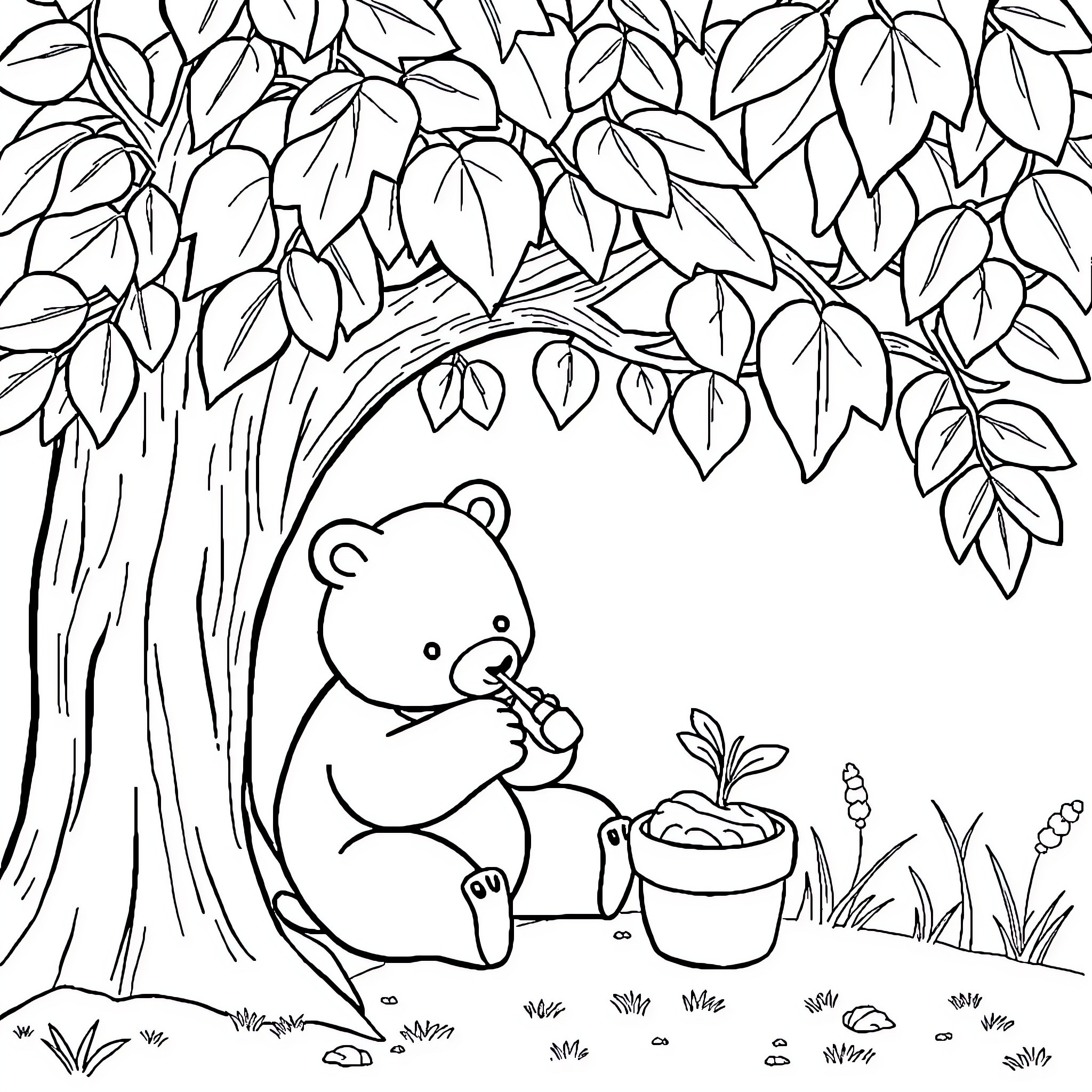 Bear resting under a leafy tree Coloring Page (free black-and-white line drawing printable PDF for all, from beginners to advanced learners, including children, teens, adults, and seniors)