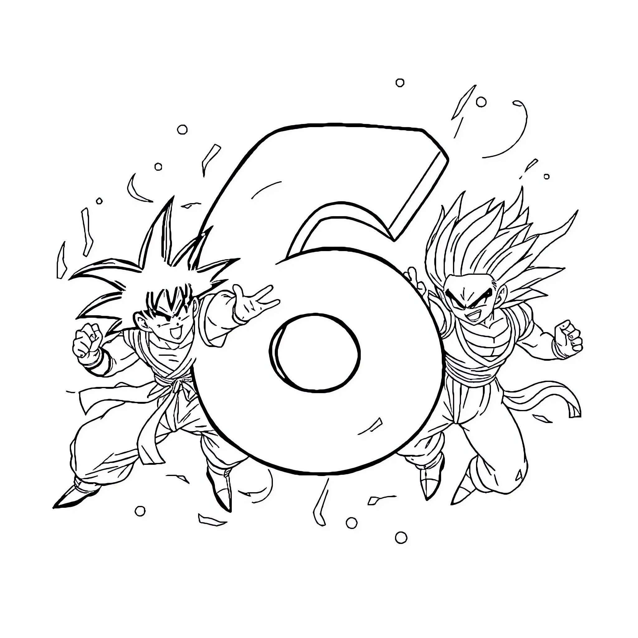Number 6 with Fighting Characters Coloring Page (free black-and-white line drawing printable PDF for all, from beginners to advanced learners, including children, teens, adults, and seniors)