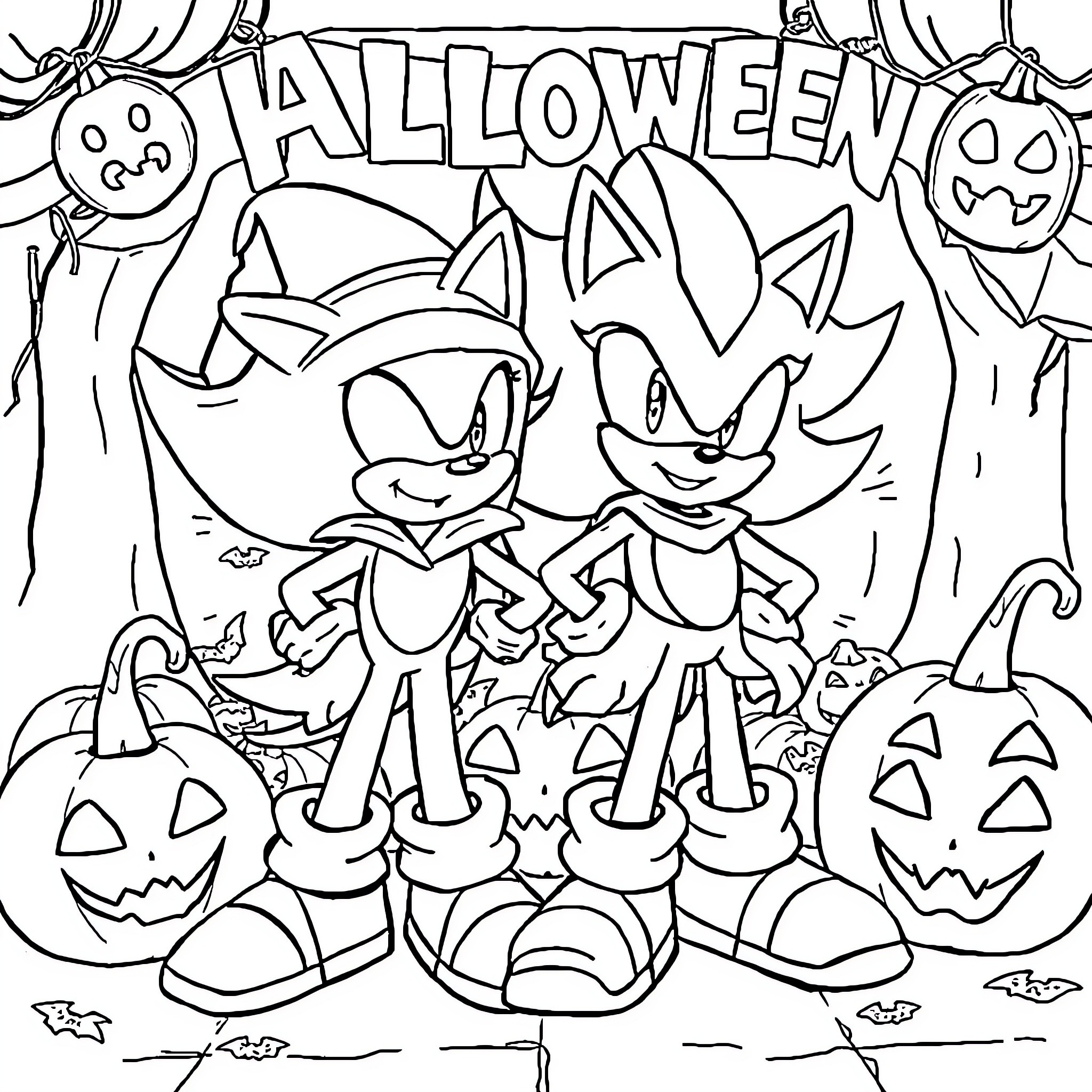 Sonic characters celebrate Halloween with pumpkins Coloring Page (free black-and-white line drawing printable PDF for all, from beginners to advanced learners, including children, teens, adults, and seniors)