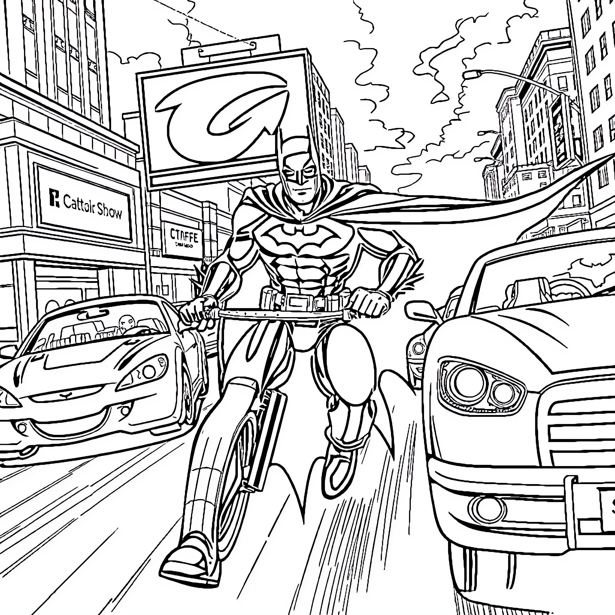 Car with Superhero Character in City Scene Coloring Page (free black-and-white line drawing printable PDF for all, from beginners to advanced learners, including children, teens, adults, and seniors)