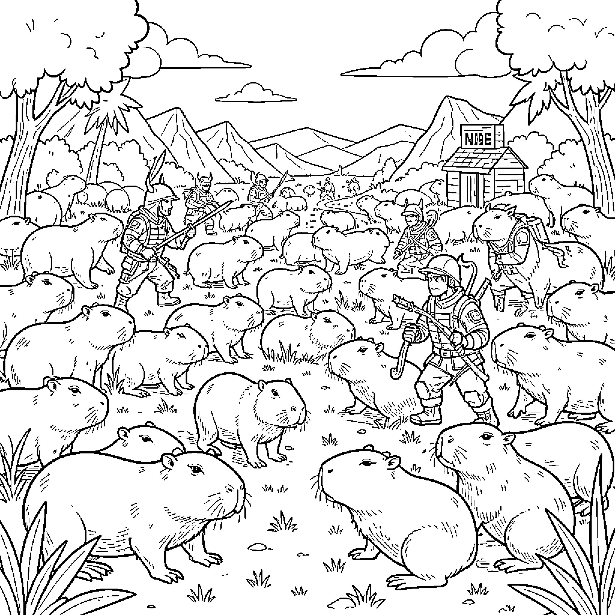 Capybara herd moving through a field with warriors Coloring Page (free black-and-white line drawing printable PDF for all, from beginners to advanced learners, including children, teens, adults, and seniors)