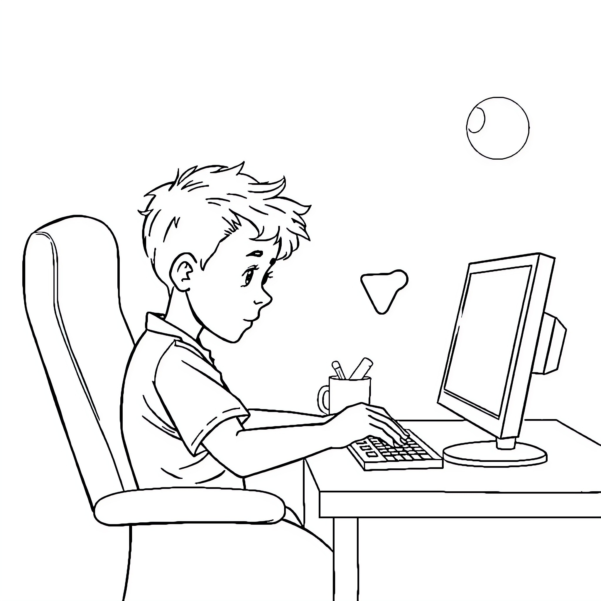 Boy studying intently at computer desk Coloring Page (free black-and-white line drawing printable PDF for all, from beginners to advanced learners, including children, teens, adults, and seniors)