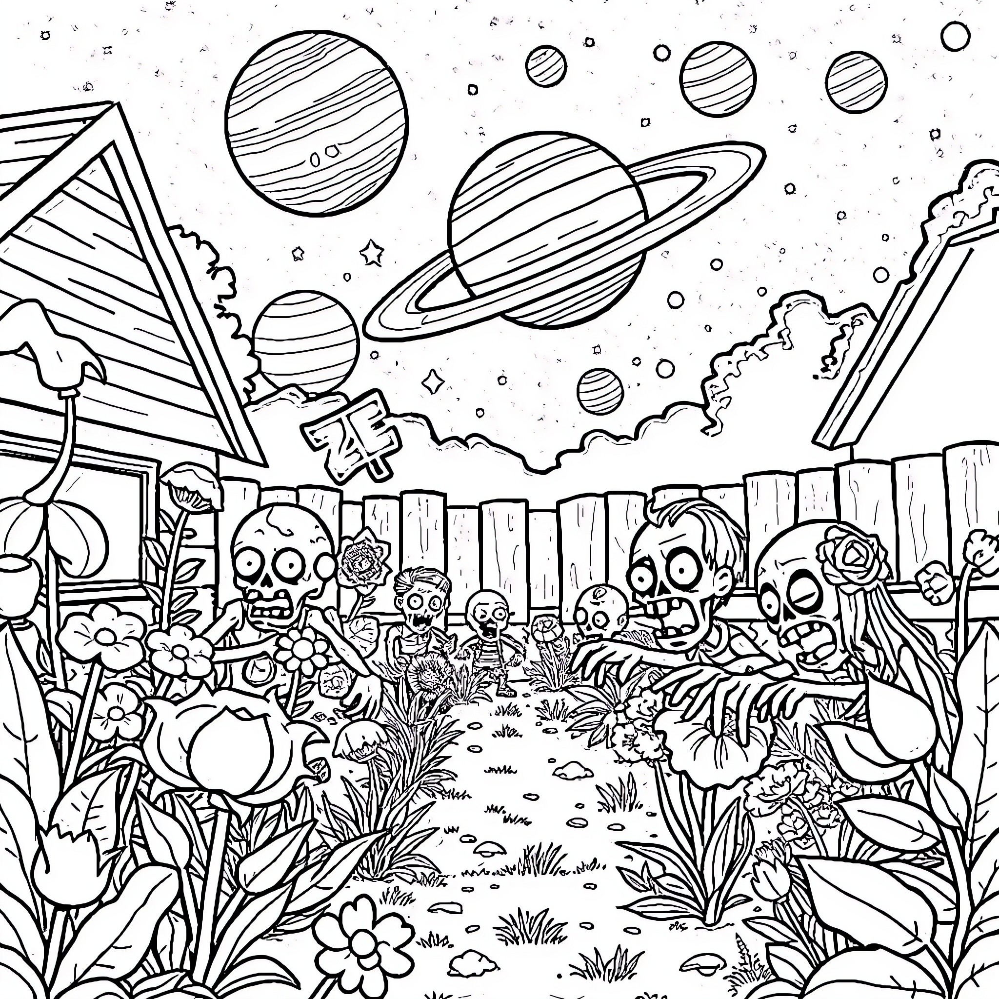 Plants vs. Zombies: Cosmic Clash in the Garden Coloring Page (free black-and-white line drawing printable PDF for all, from beginners to advanced learners, including children, teens, adults, and seniors)