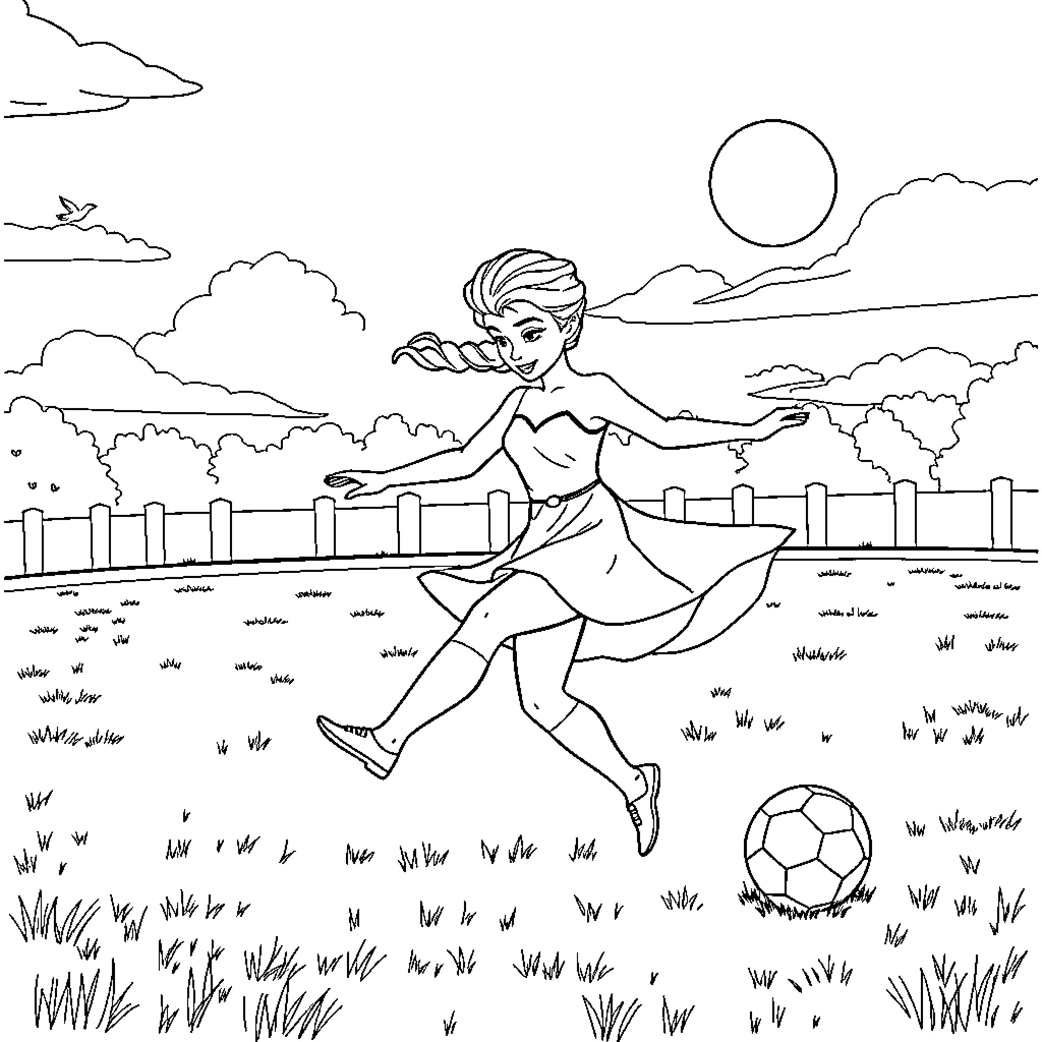 Elsa enjoying a sunny day kicking a soccer ball Coloring Page (free black-and-white line drawing printable PDF for all, from beginners to advanced learners, including children, teens, adults, and seniors)