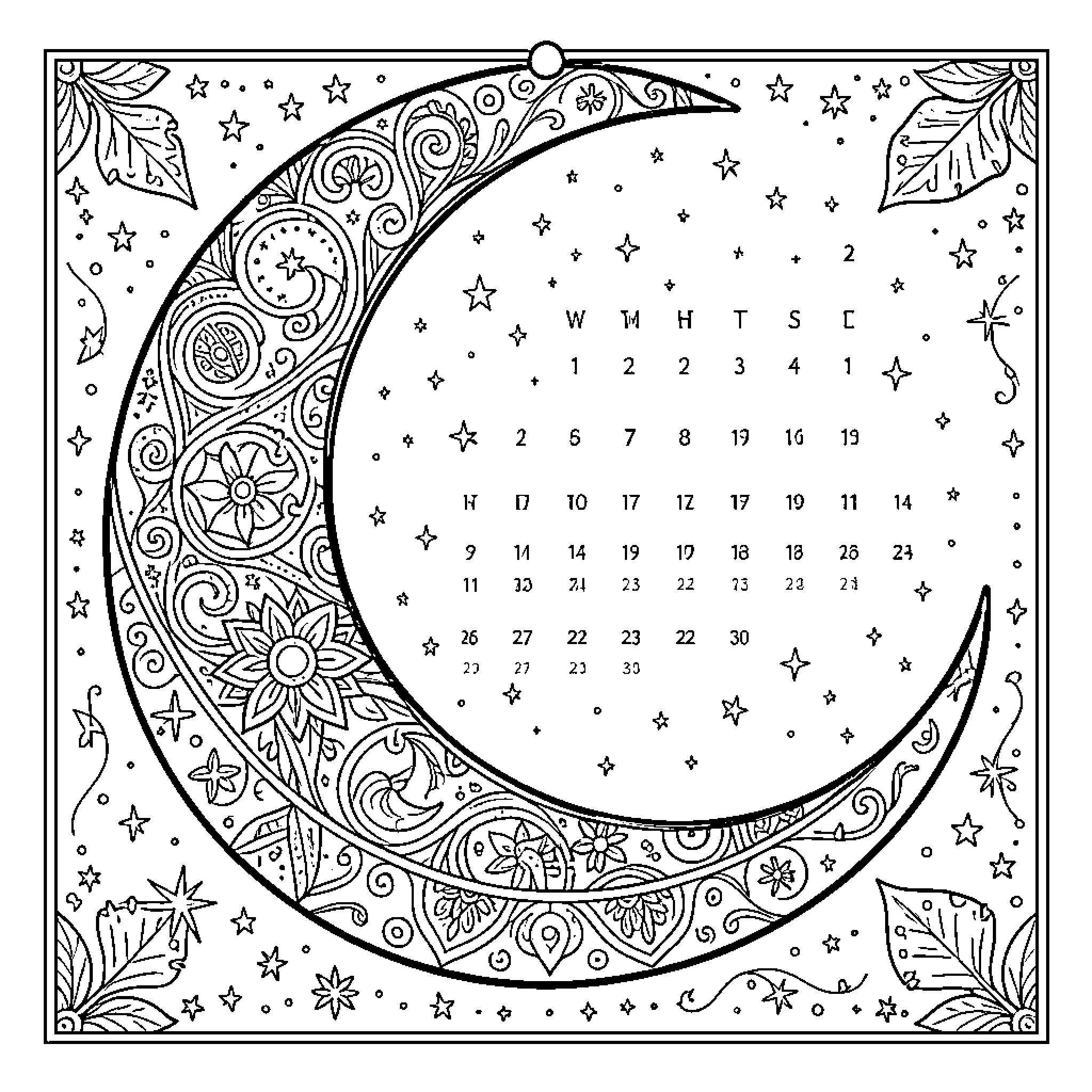 Lunar Calendar with Intricate Celestial Designs Coloring Page (free black-and-white line drawing printable PDF for all, from beginners to advanced learners, including children, teens, adults, and seniors)