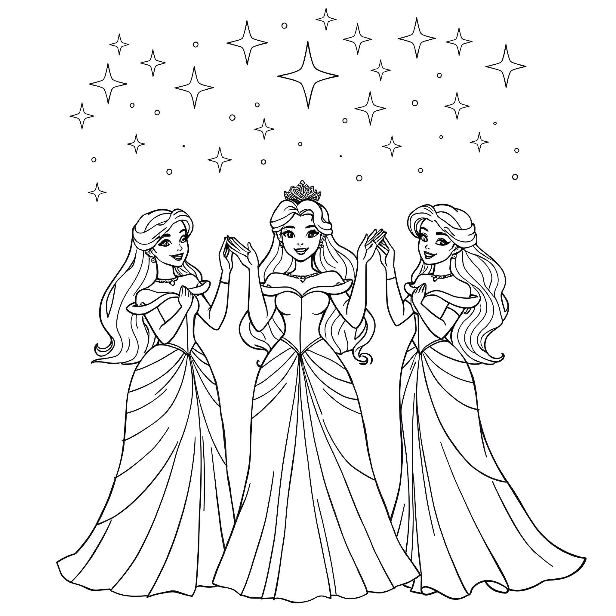 Princess Trio Dancing Amidst Sparkling Stars Coloring Page (free black-and-white line drawing printable PDF for all, from beginners to advanced learners, including children, teens, adults, and seniors)