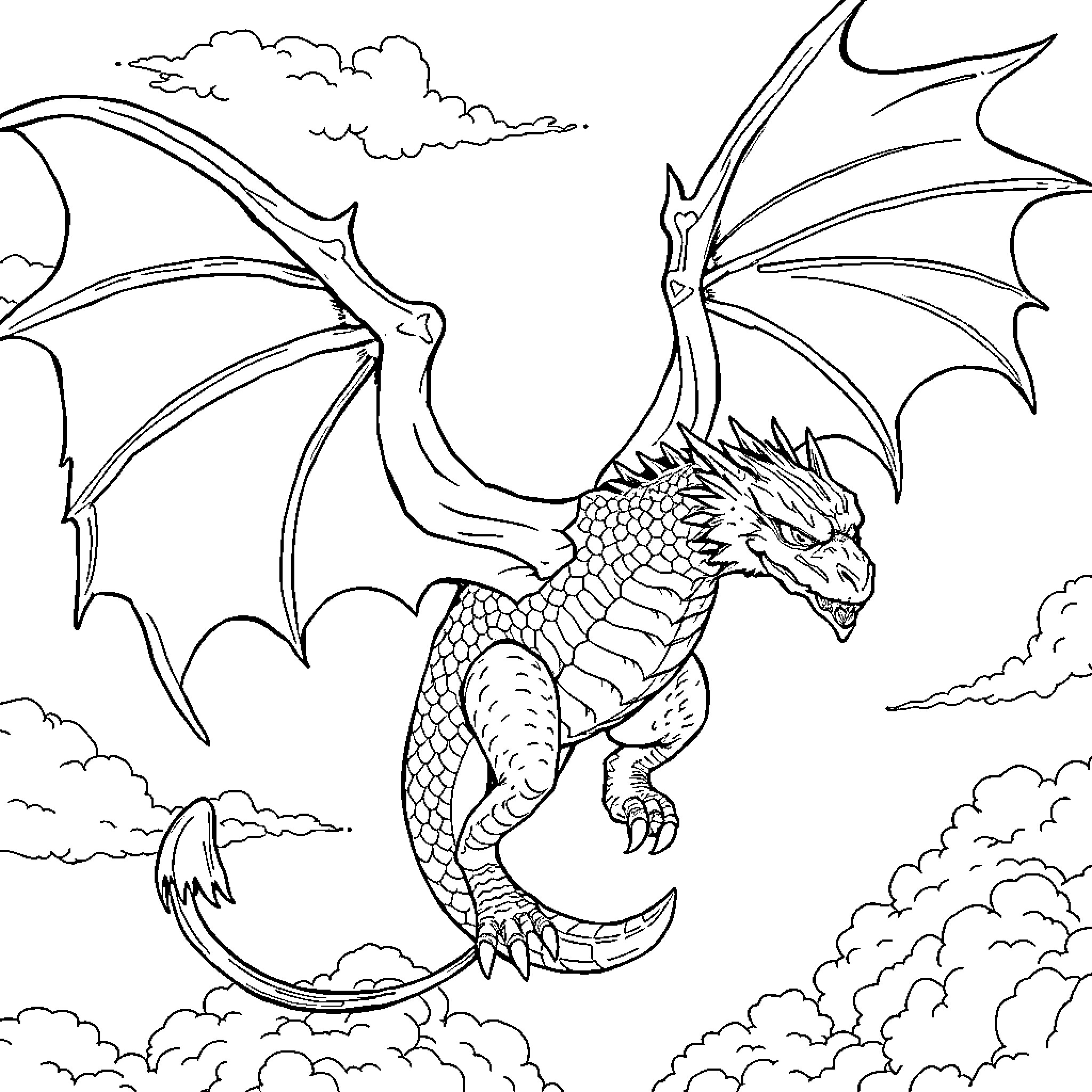 Dragon soaring through the cloudy skies Coloring Page (free black-and-white line drawing printable PDF for all, from beginners to advanced learners, including children, teens, adults, and seniors)