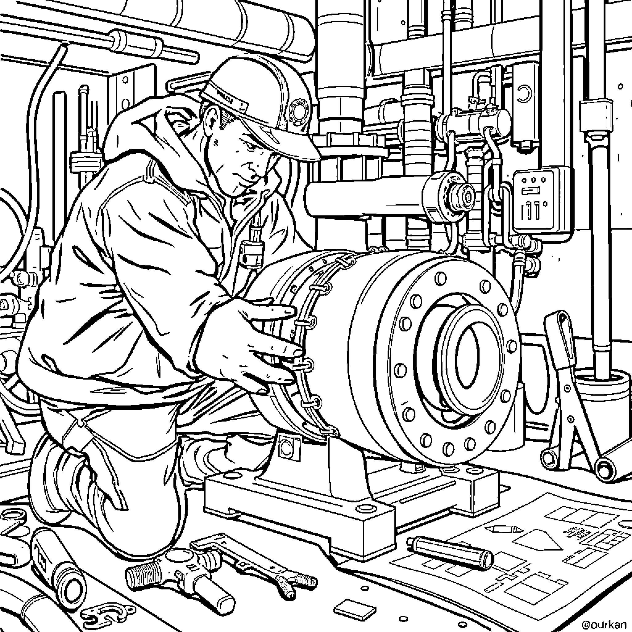 Hero Repairing Industrial Equipment in Workshop Coloring Page (free black-and-white line drawing printable PDF for all, from beginners to advanced learners, including children, teens, adults, and seniors)