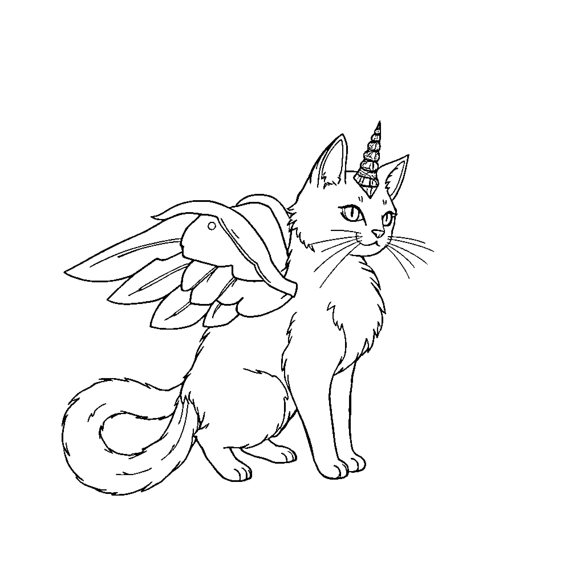 Cat fantasy creature with wings Coloring Page (free black-and-white line drawing printable PDF for all, from beginners to advanced learners, including children, teens, adults, and seniors)