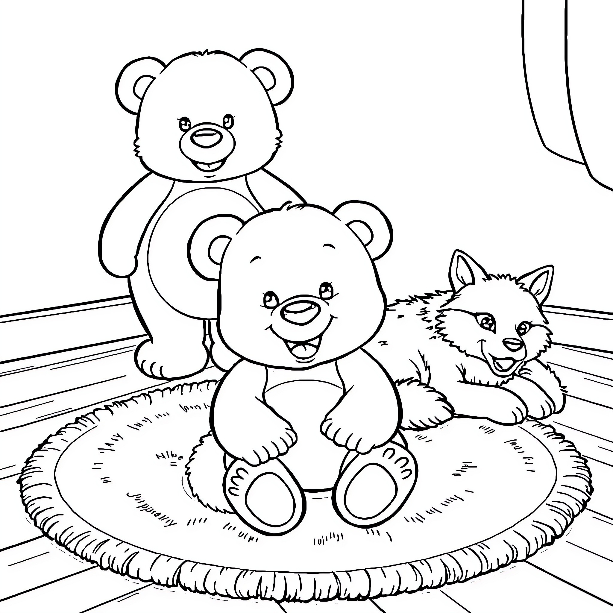 Teddy Bears and Furry Friend Relaxing Together Coloring Page (free black-and-white line drawing printable PDF for all, from beginners to advanced learners, including children, teens, adults, and seniors)