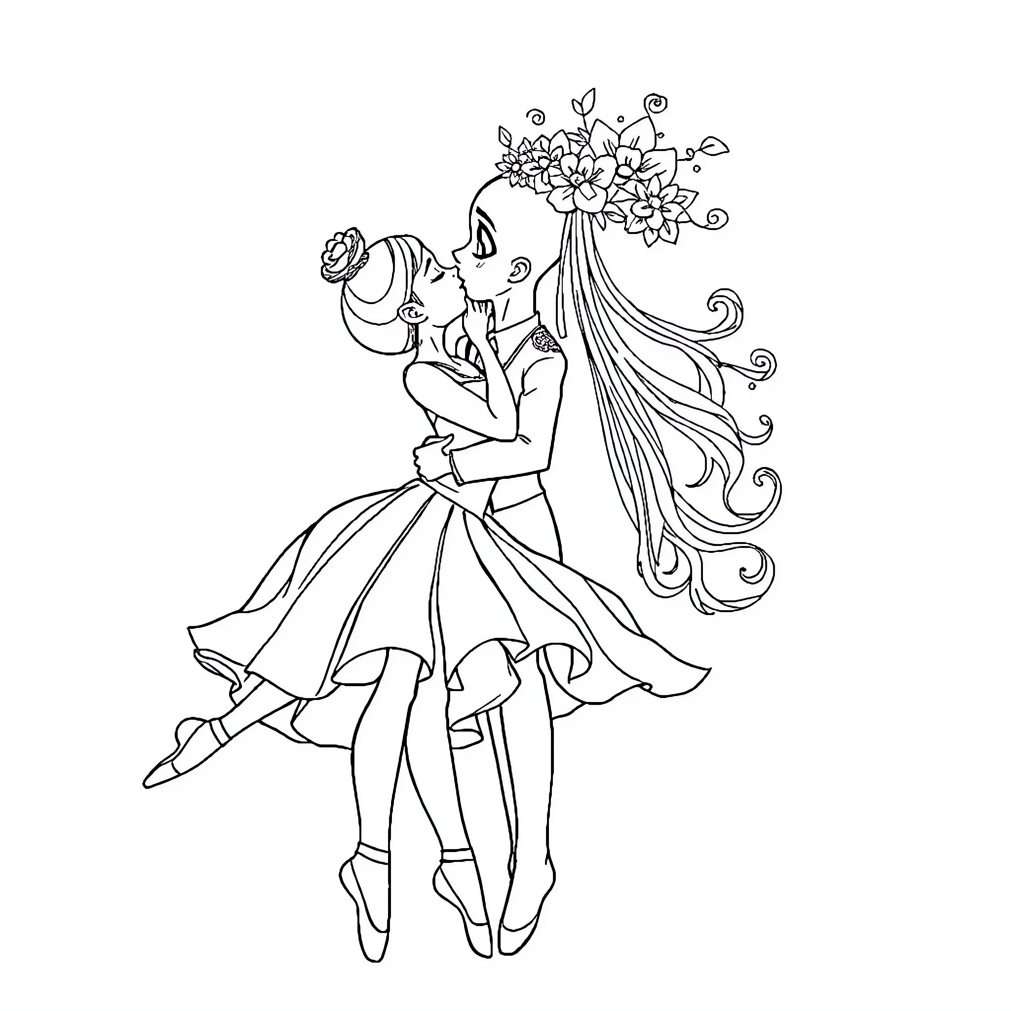 Ballerina with Floral Headdress Dancing Gracefully Coloring Page (free black-and-white line drawing printable PDF for all, from beginners to advanced learners, including children, teens, adults, and seniors)