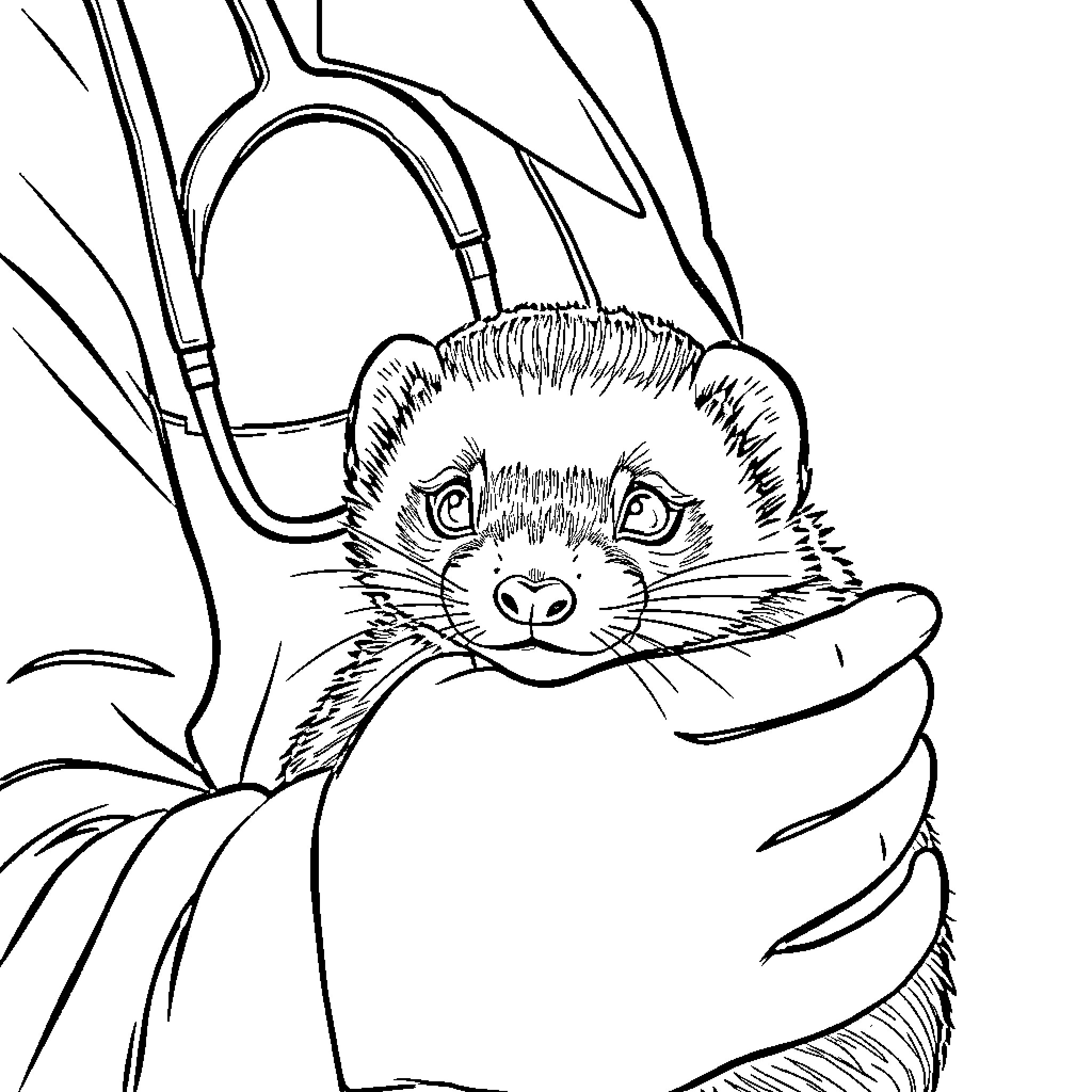 Ferret peeking curiously from inside a glass container Coloring Page (free black-and-white line drawing printable PDF for all, from beginners to advanced learners, including children, teens, adults, and seniors)