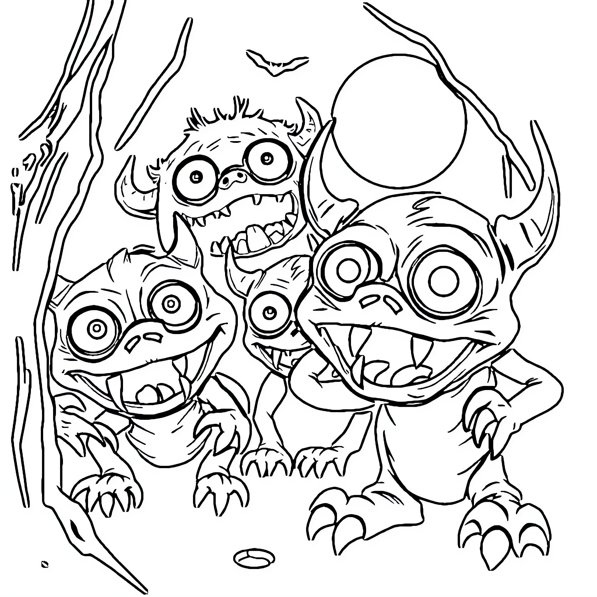 Monster creatures playing mischievously in the dark Coloring Page (free black-and-white line drawing printable PDF for all, from beginners to advanced learners, including children, teens, adults, and seniors)