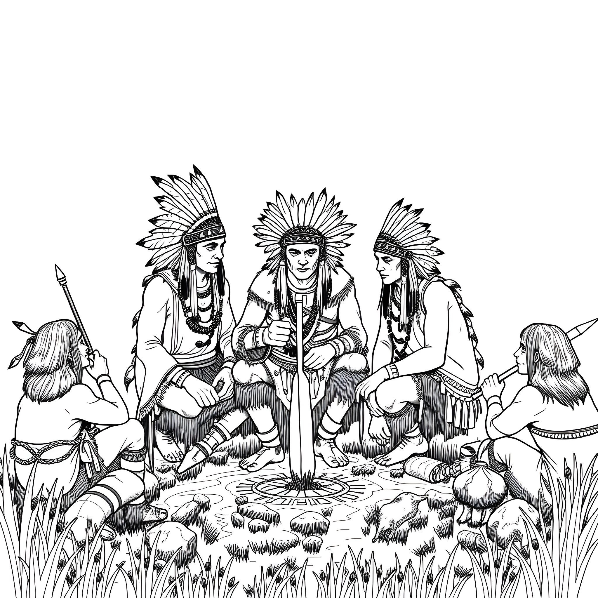 Cherokee Warriors Gathered in Ceremonial Ritual Coloring Page (free black-and-white line drawing printable PDF for all, from beginners to advanced learners, including children, teens, adults, and seniors)
