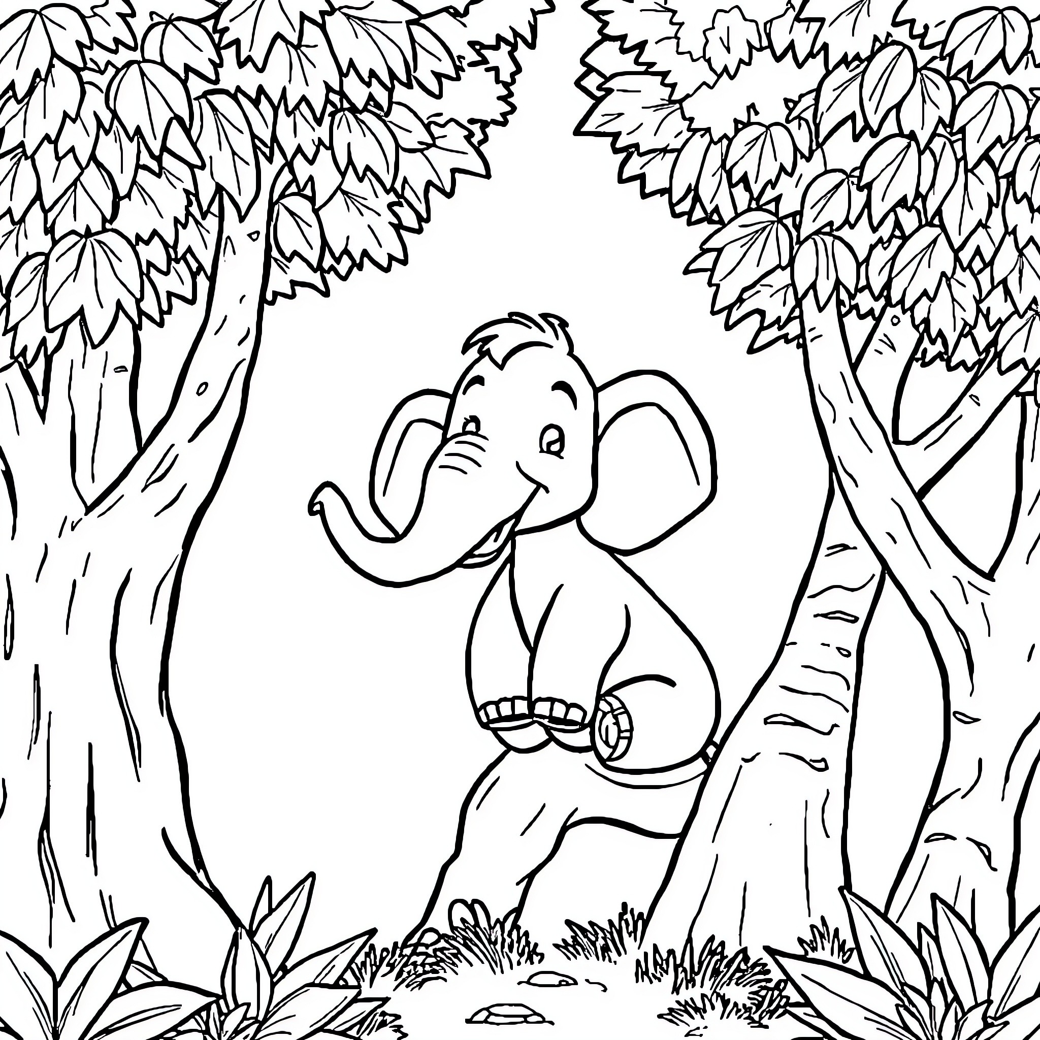 Elephant playing in the forest Coloring Page (free black-and-white line drawing printable PDF for all, from beginners to advanced learners, including children, teens, adults, and seniors)