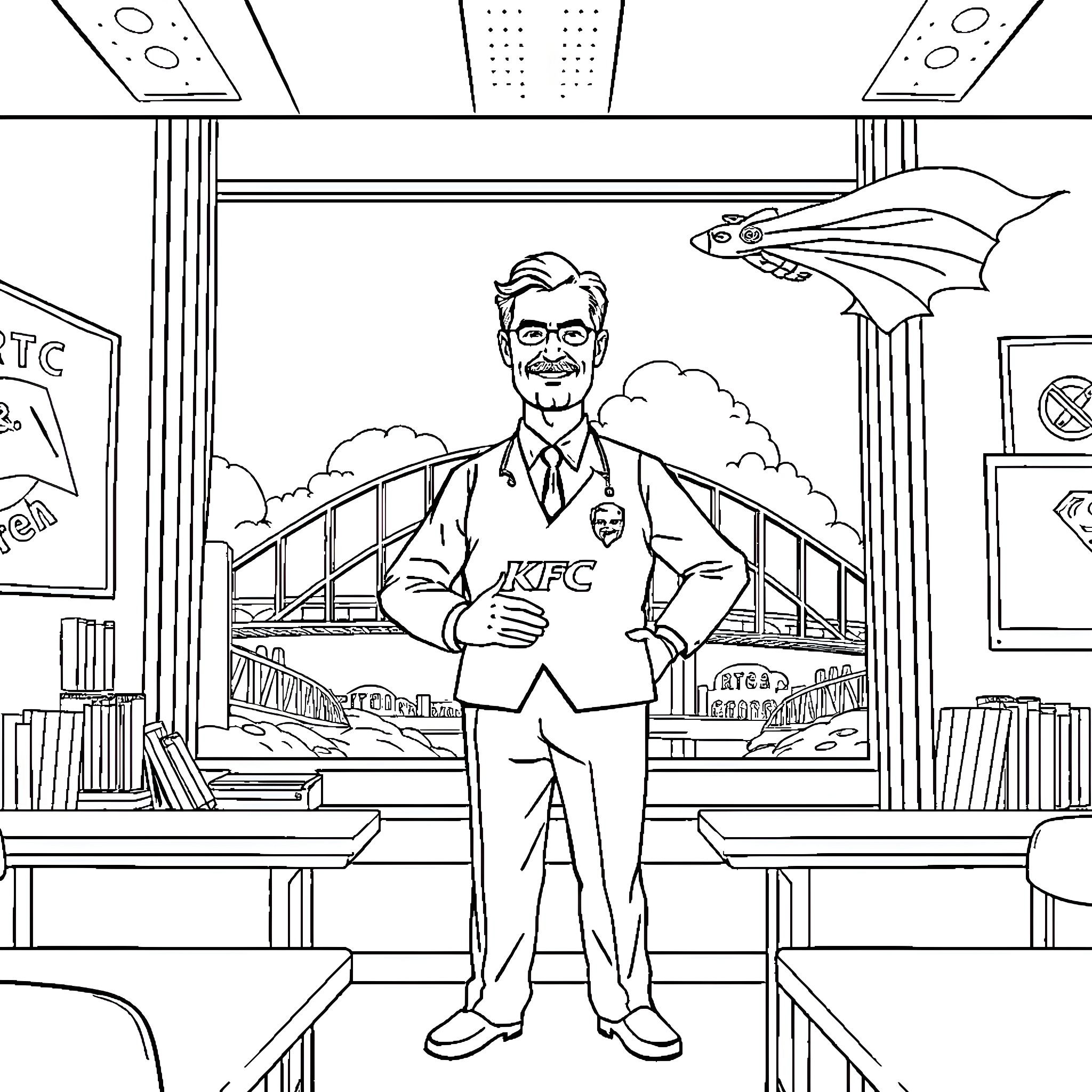 Teacher standing confidently in his classroom Coloring Page (free black-and-white line drawing printable PDF for all, from beginners to advanced learners, including children, teens, adults, and seniors)