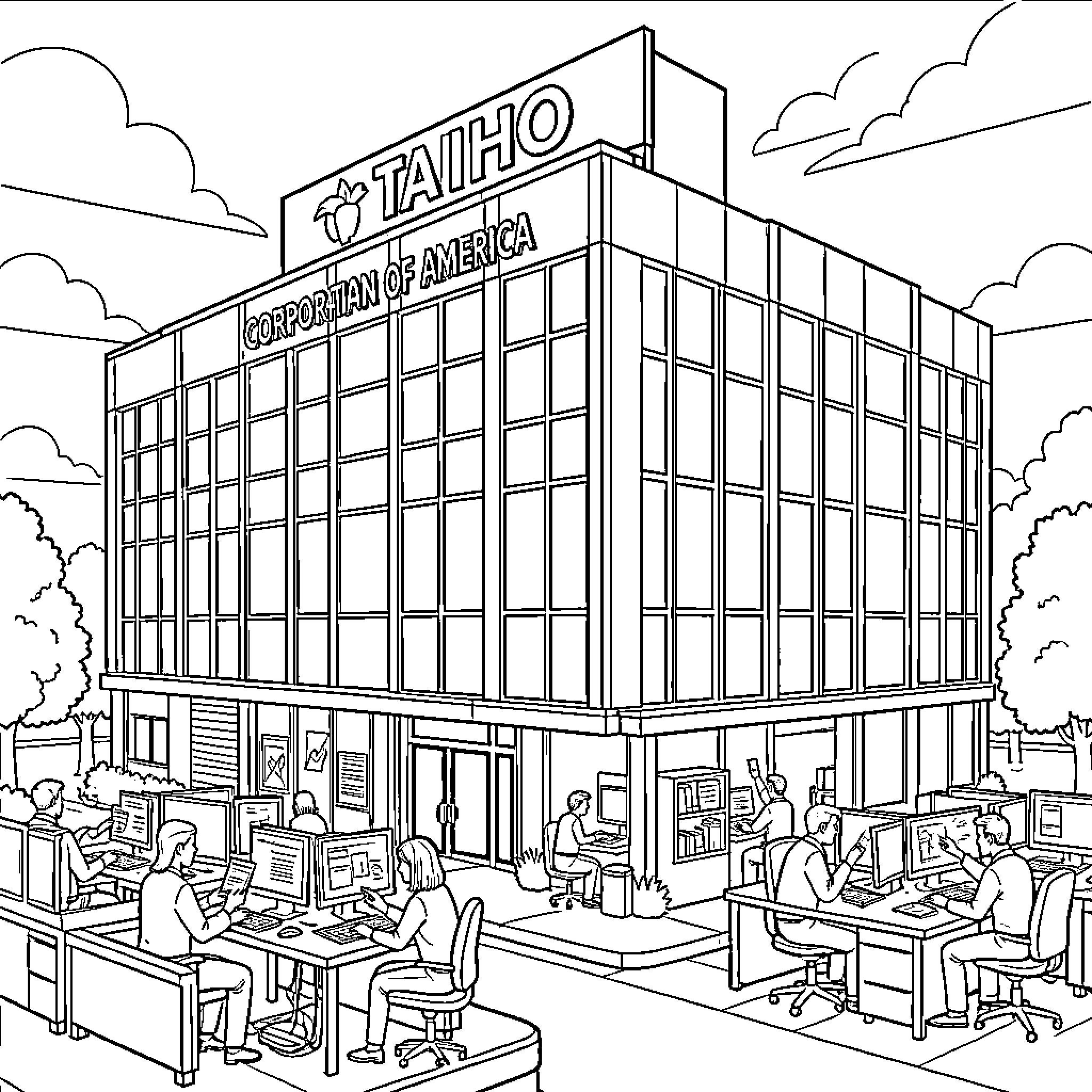 Business professionals working at desks in a modern office Coloring Page (free black-and-white line drawing printable PDF for all, from beginners to advanced learners, including children, teens, adults, and seniors)
