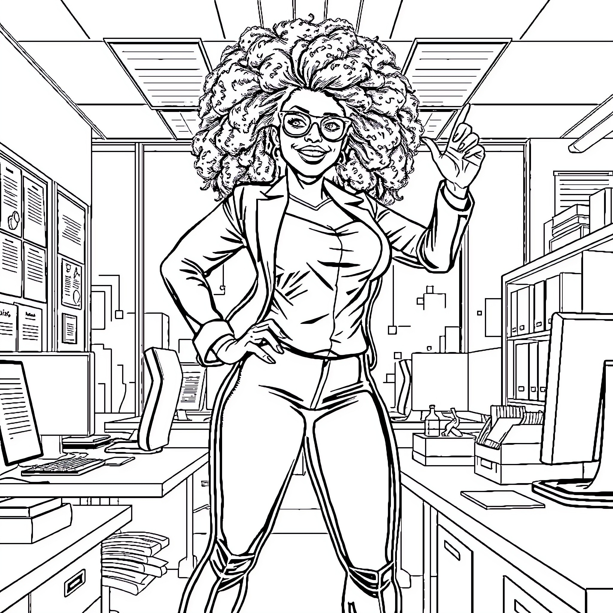 Superhero Woman Confidently Poses in Office Coloring Page (free black-and-white line drawing printable PDF for all, from beginners to advanced learners, including children, teens, adults, and seniors)