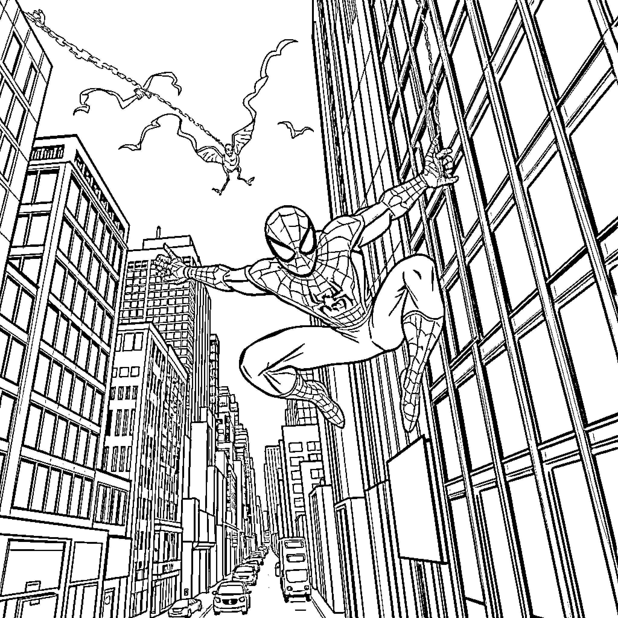 Spider-Man swinging heroically through the city streets Coloring Page (free black-and-white line drawing printable PDF for all, from beginners to advanced learners, including children, teens, adults, and seniors)
