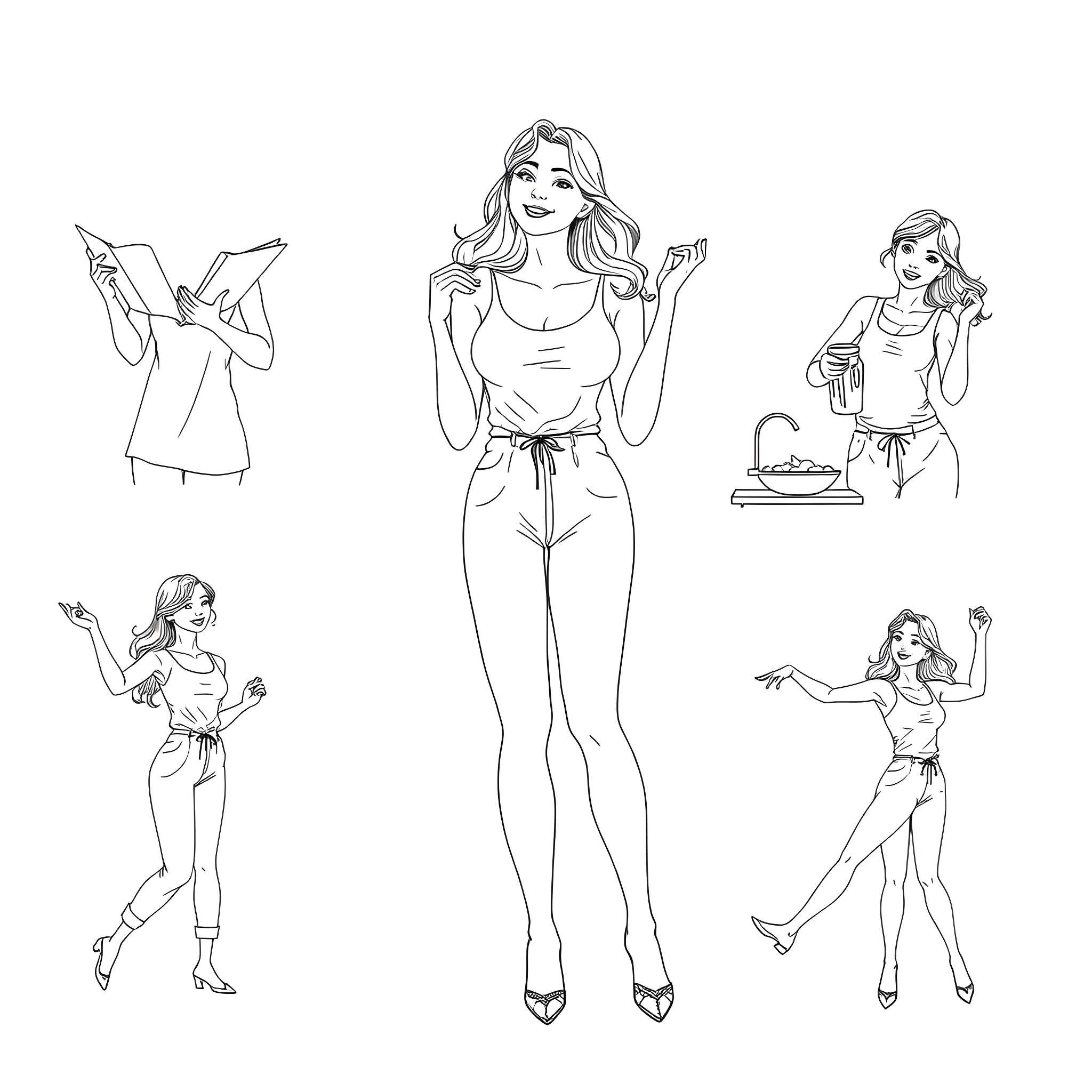 Woman in casual poses and activities Coloring Page (free black-and-white line drawing printable PDF for all, from beginners to advanced learners, including children, teens, adults, and seniors)