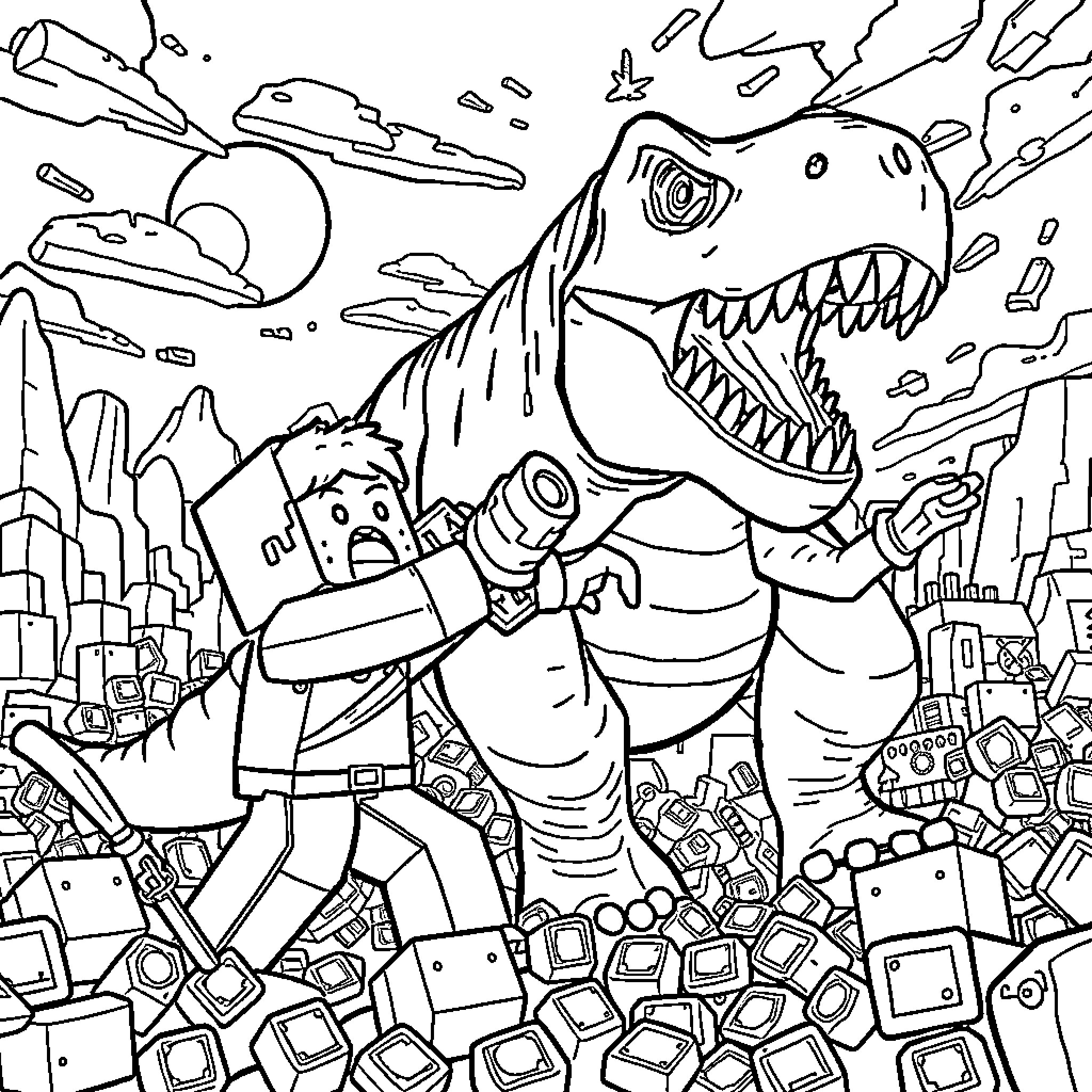 Alex battling the gigantic dinosaur in the chaotic city Coloring Page (free black-and-white line drawing printable PDF for all, from beginners to advanced learners, including children, teens, adults, and seniors)
