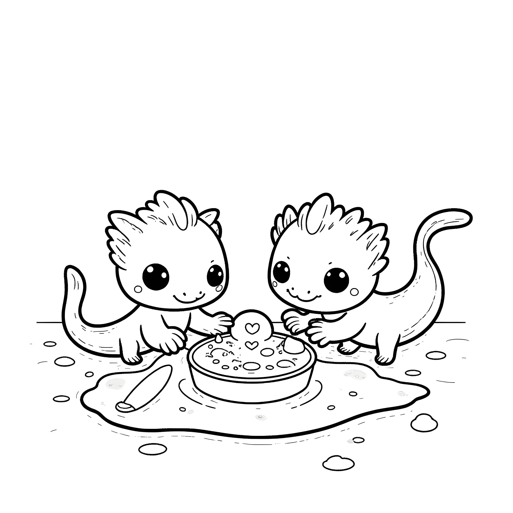 Axolotl friends enjoying a snack Coloring Page (free black-and-white line drawing printable PDF for all, from beginners to advanced learners, including children, teens, adults, and seniors)