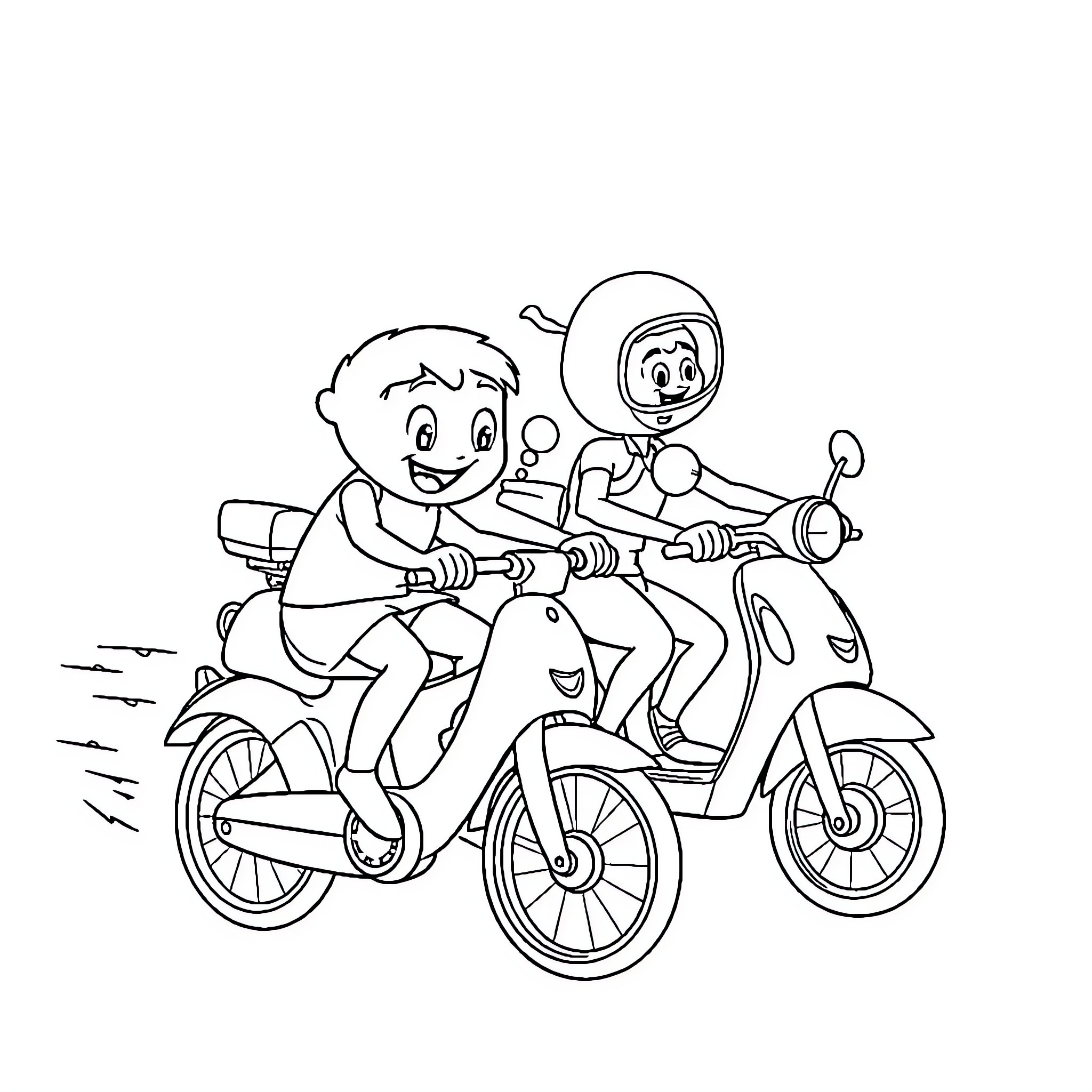 Bluey and friend riding scooter happily Coloring Page (free black-and-white line drawing printable PDF for all, from beginners to advanced learners, including children, teens, adults, and seniors)