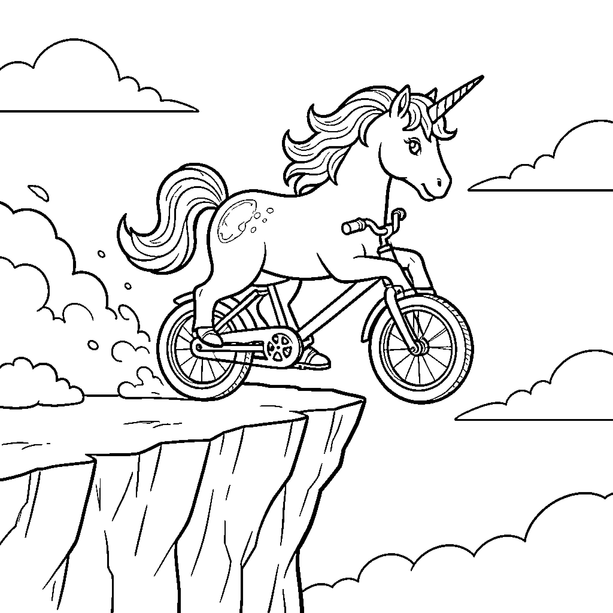 Unicorn riding a bicycle on a cliff edge Coloring Page (free black-and-white line drawing printable PDF for all, from beginners to advanced learners, including children, teens, adults, and seniors)