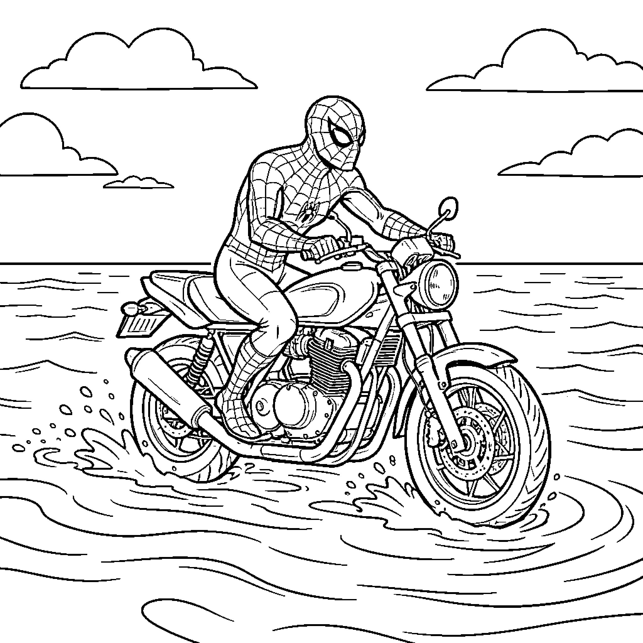 Spiderman riding a motorcycle across the water Coloring Page (free black-and-white line drawing printable PDF for all, from beginners to advanced learners, including children, teens, adults, and seniors)