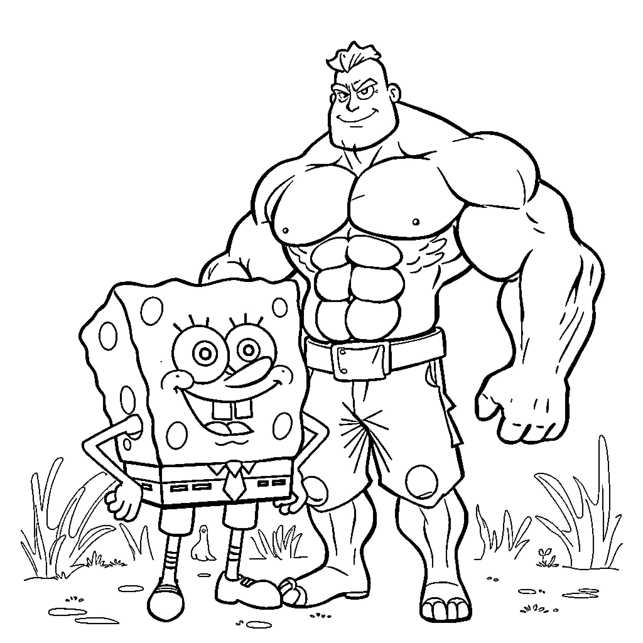 Spongebob and Muscular Man Outdoor Adventure Coloring Page (free black-and-white line drawing printable PDF for all, from beginners to advanced learners, including children, teens, adults, and seniors)
